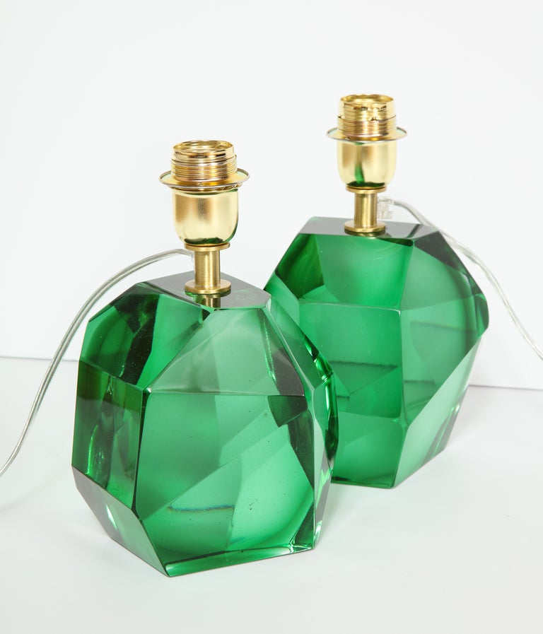 Pair of Solid Emerald Green Jewel Murano Glass Lamps, Italy For Sale at