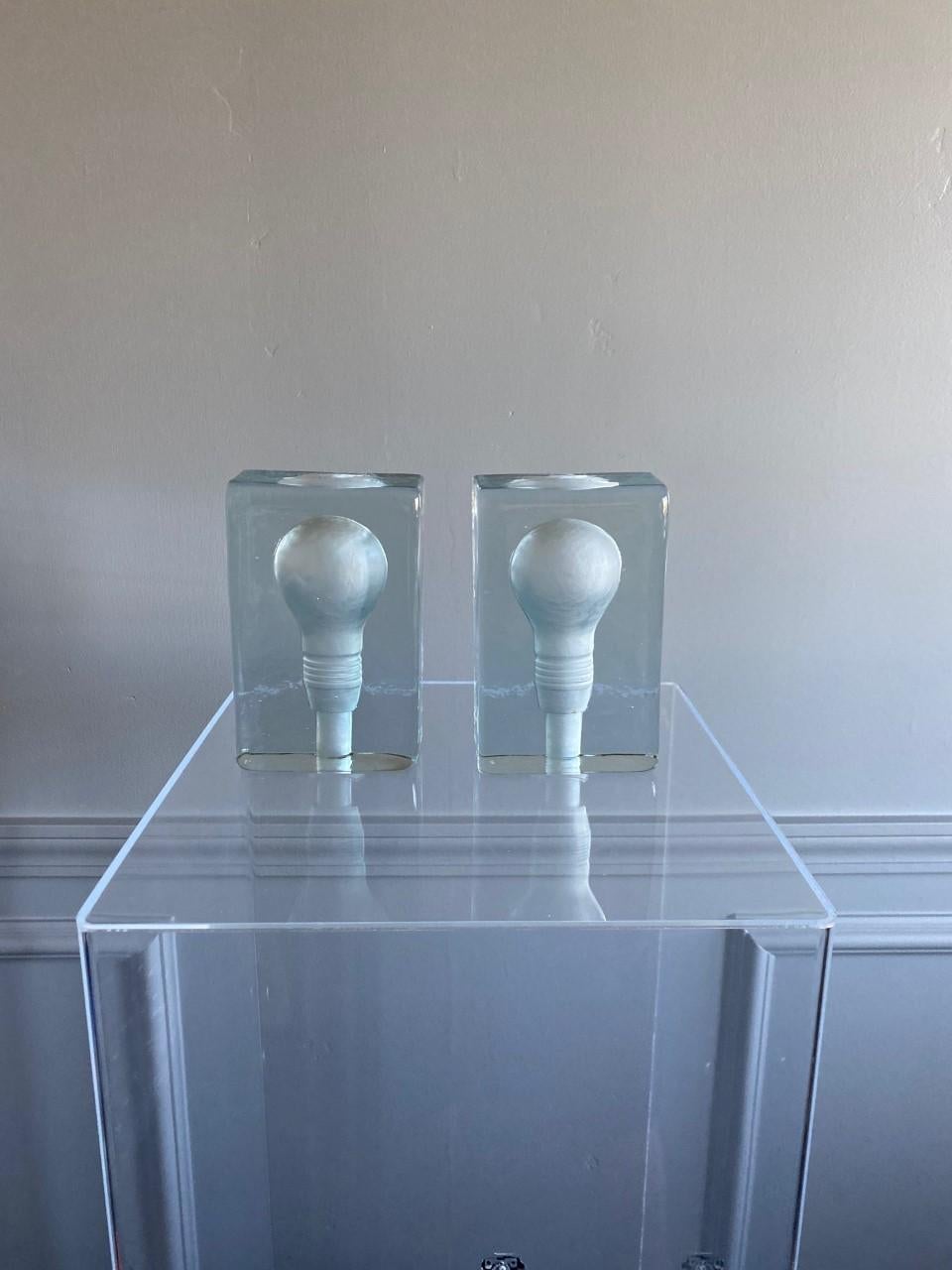Pair of Solid Glass Bookends with Lightbulb Design In Excellent Condition In San Diego, CA