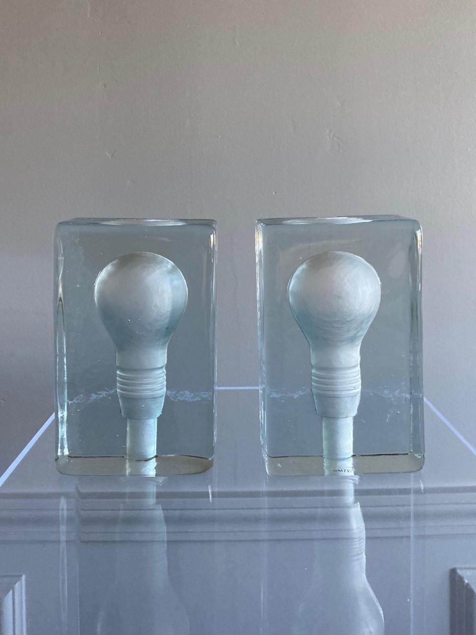 20th Century Pair of Solid Glass Bookends with Lightbulb Design