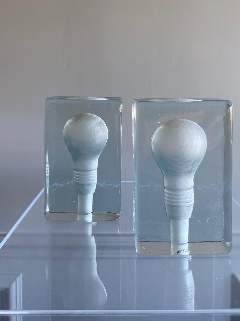 Pair of Solid Glass Bookends with Lightbulb Design 1