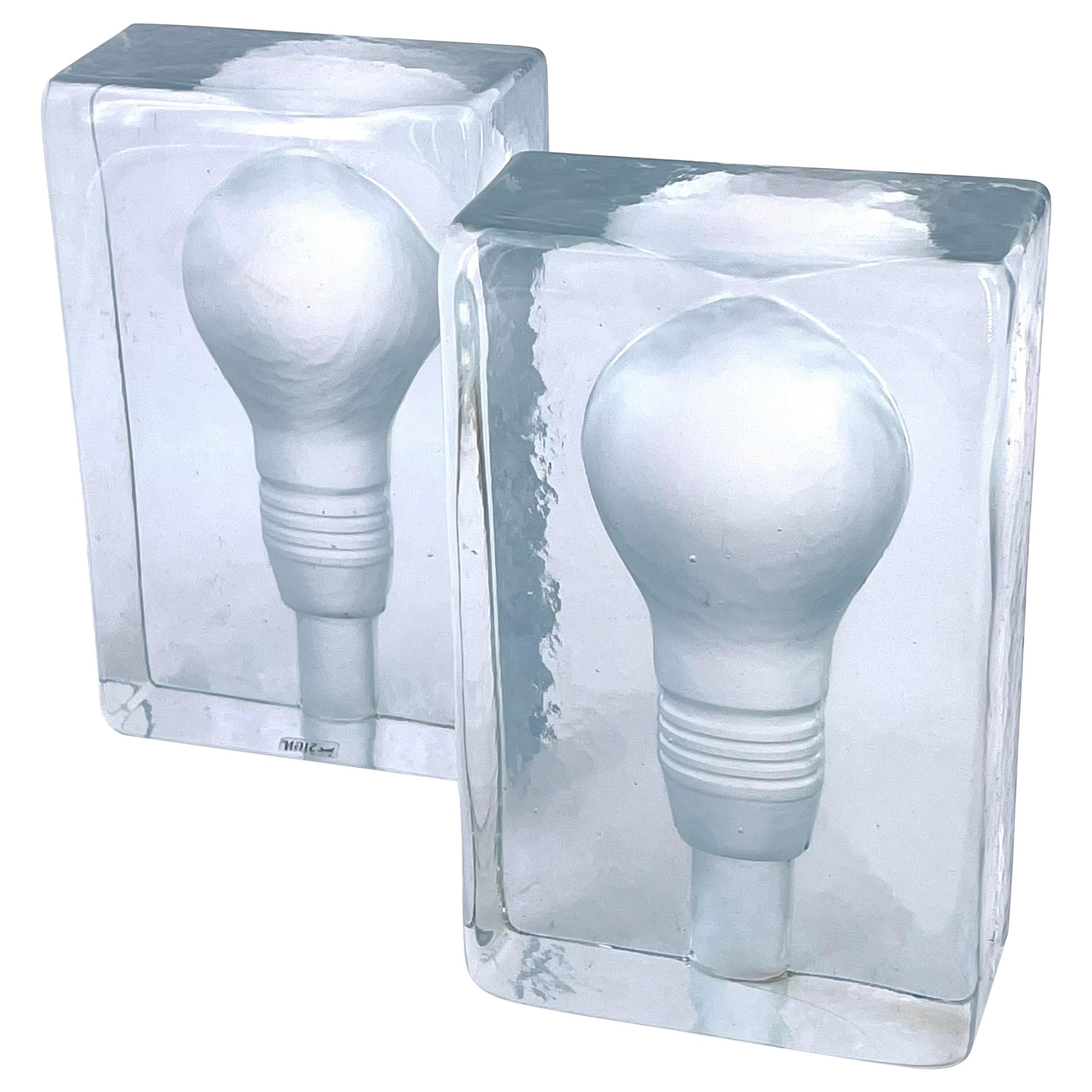 Pair of Solid Glass Bookends with Lightbulb Design