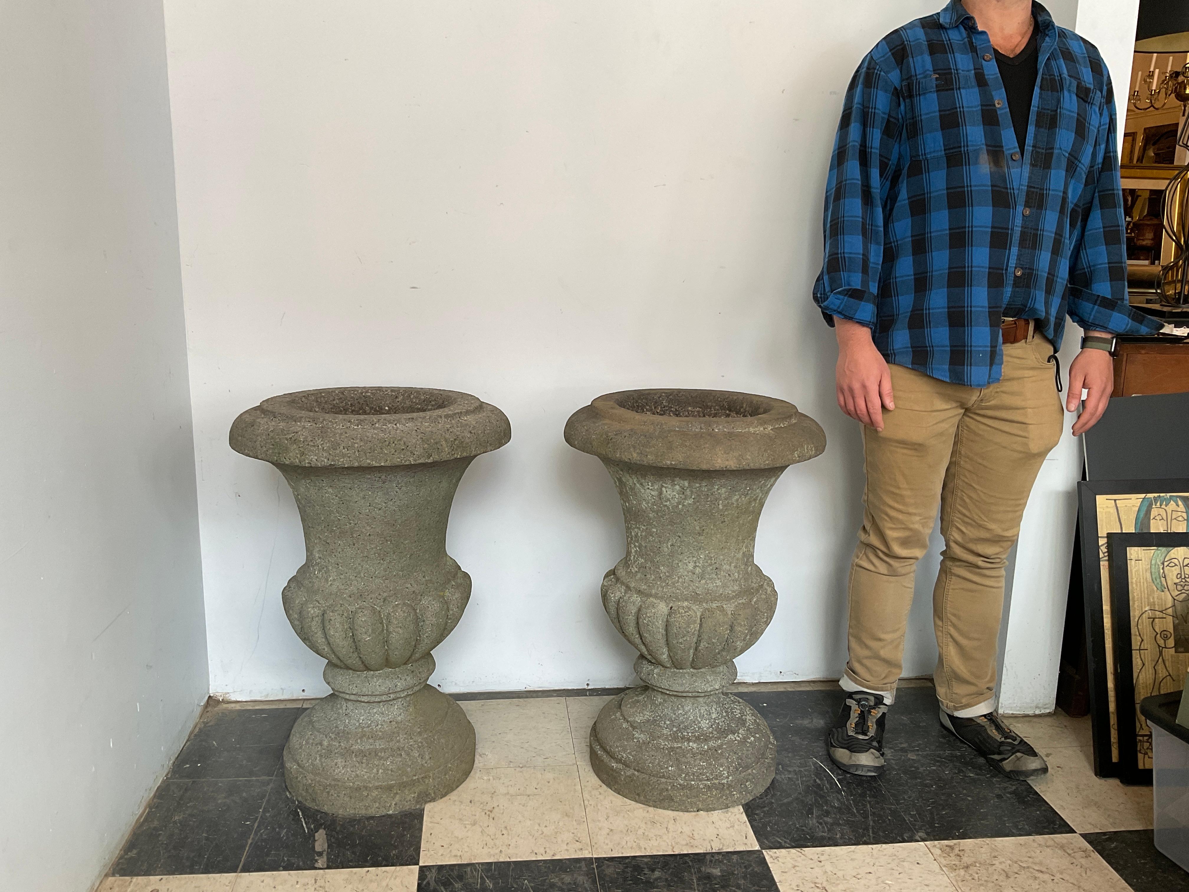 Pair of Solid Granite Large Urns In Good Condition For Sale In Tarrytown, NY