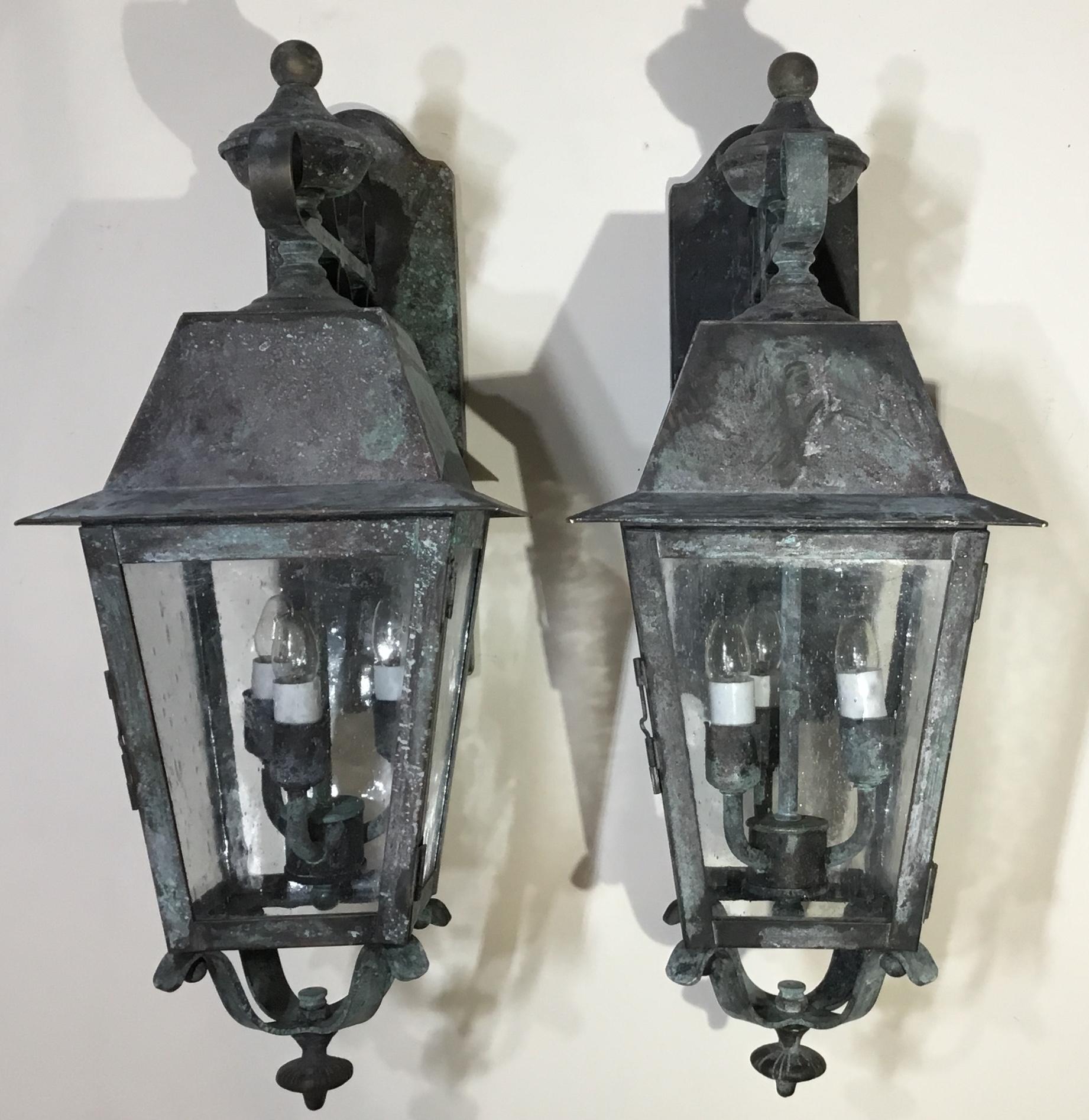 American Pair of Solid Handcrafted Brass Wall Lanterns