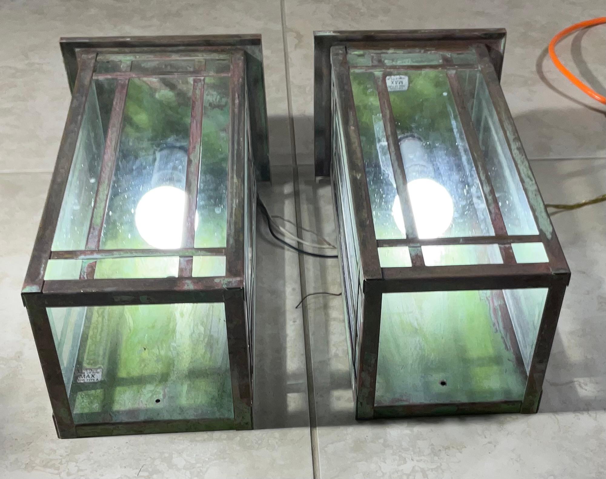 American Pair of Solid Handcrafted Wall-Mounted Brass Lantern 15”H x 8”W x 7”D For Sale