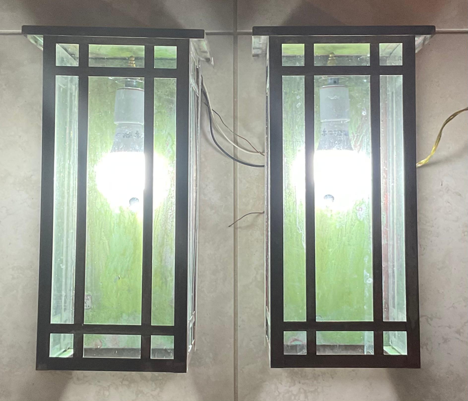 Hand-Crafted Pair of Solid Handcrafted Wall-Mounted Brass Lantern 15”H x 8”W x 7”D For Sale