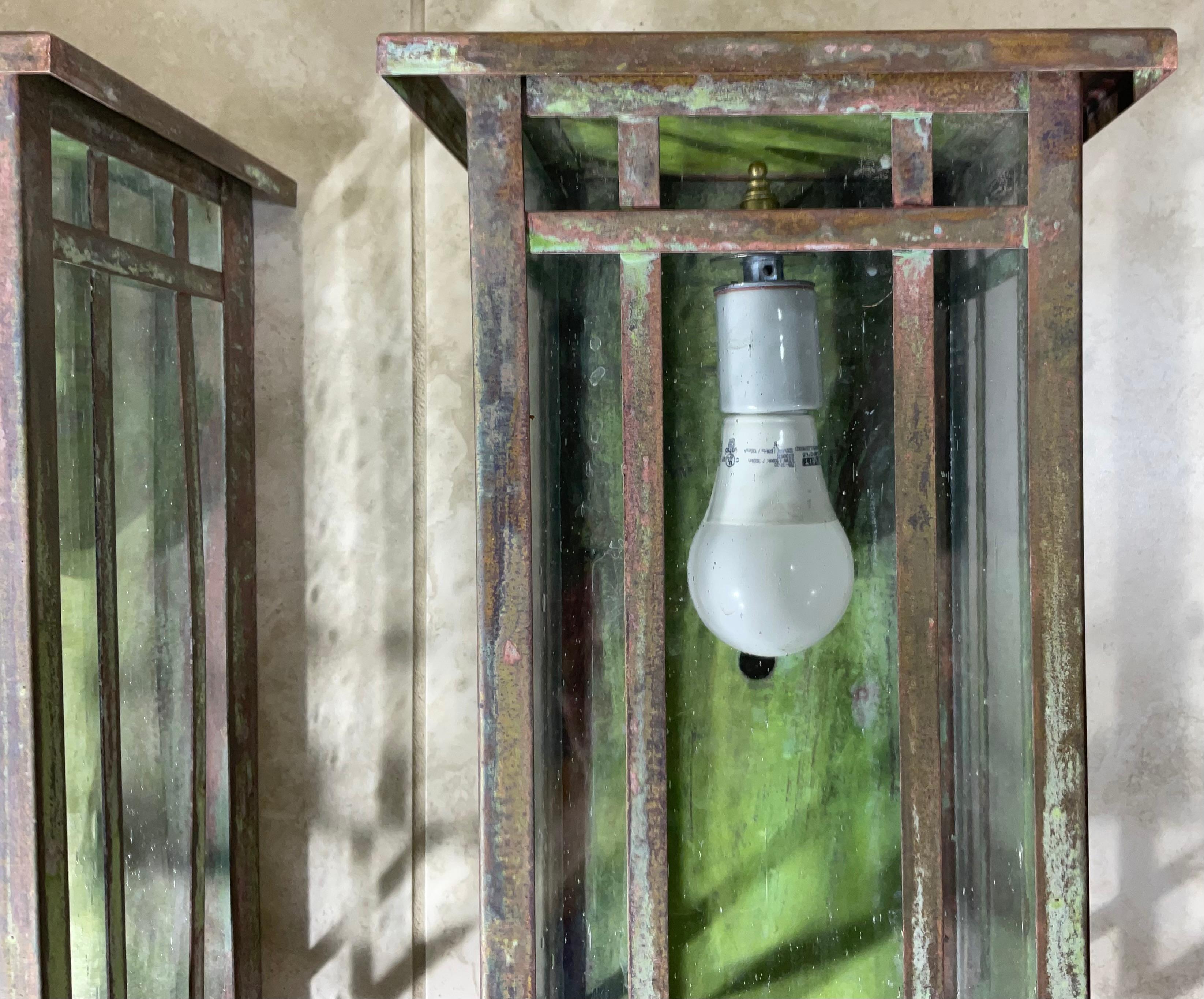 20th Century Pair of Solid Handcrafted Wall-Mounted Brass Lantern 15”H x 8”W x 7”D For Sale