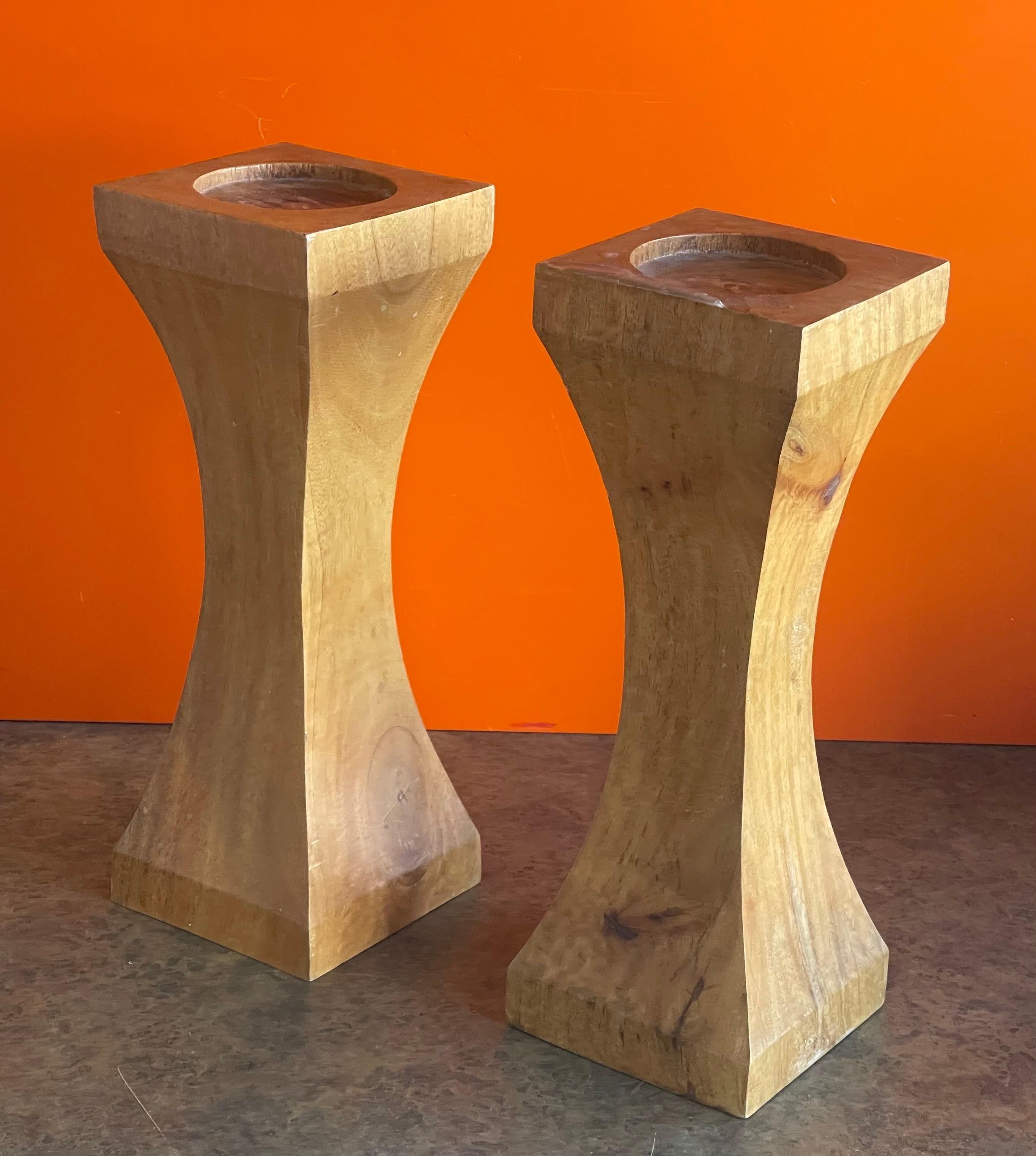 A nice pair of solid sardwood candle holders, circa 1980s. Great weight and look on this pair! The set is in very good condition and each holder measures 5.25