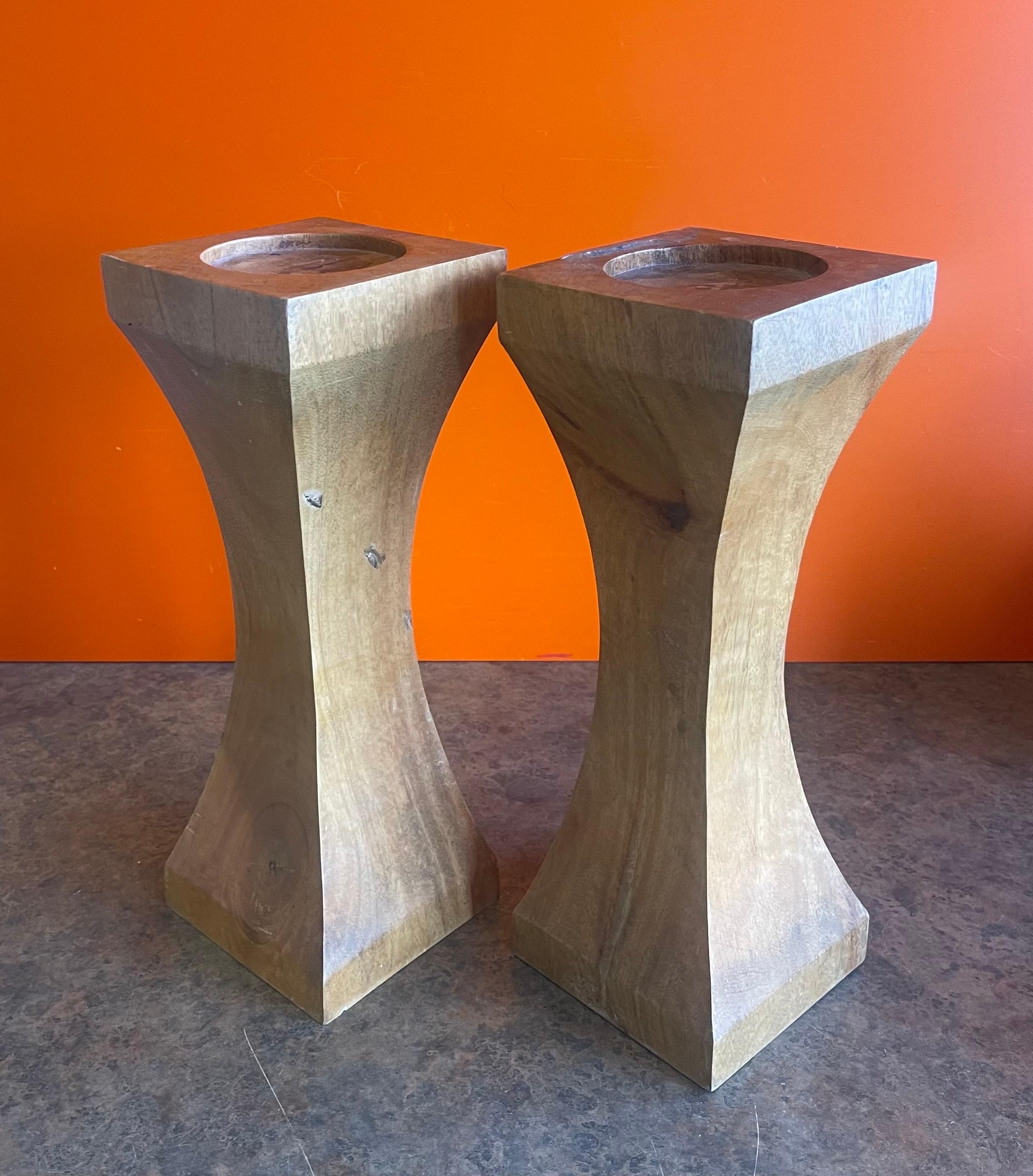 Wood Pair of Solid Hardwood Candle Holders For Sale