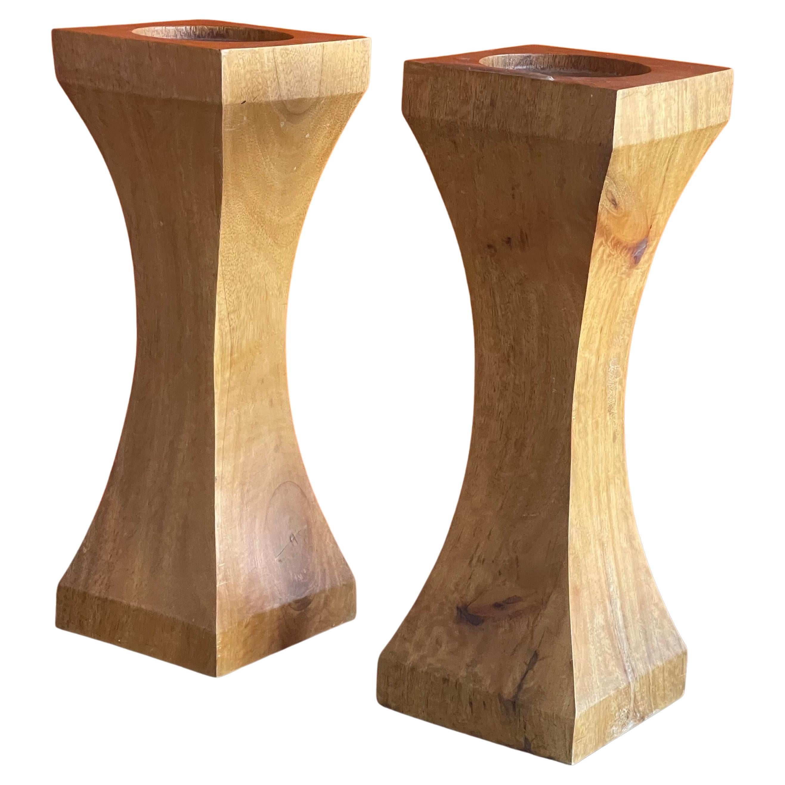 Pair of Solid Hardwood Candle Holders For Sale