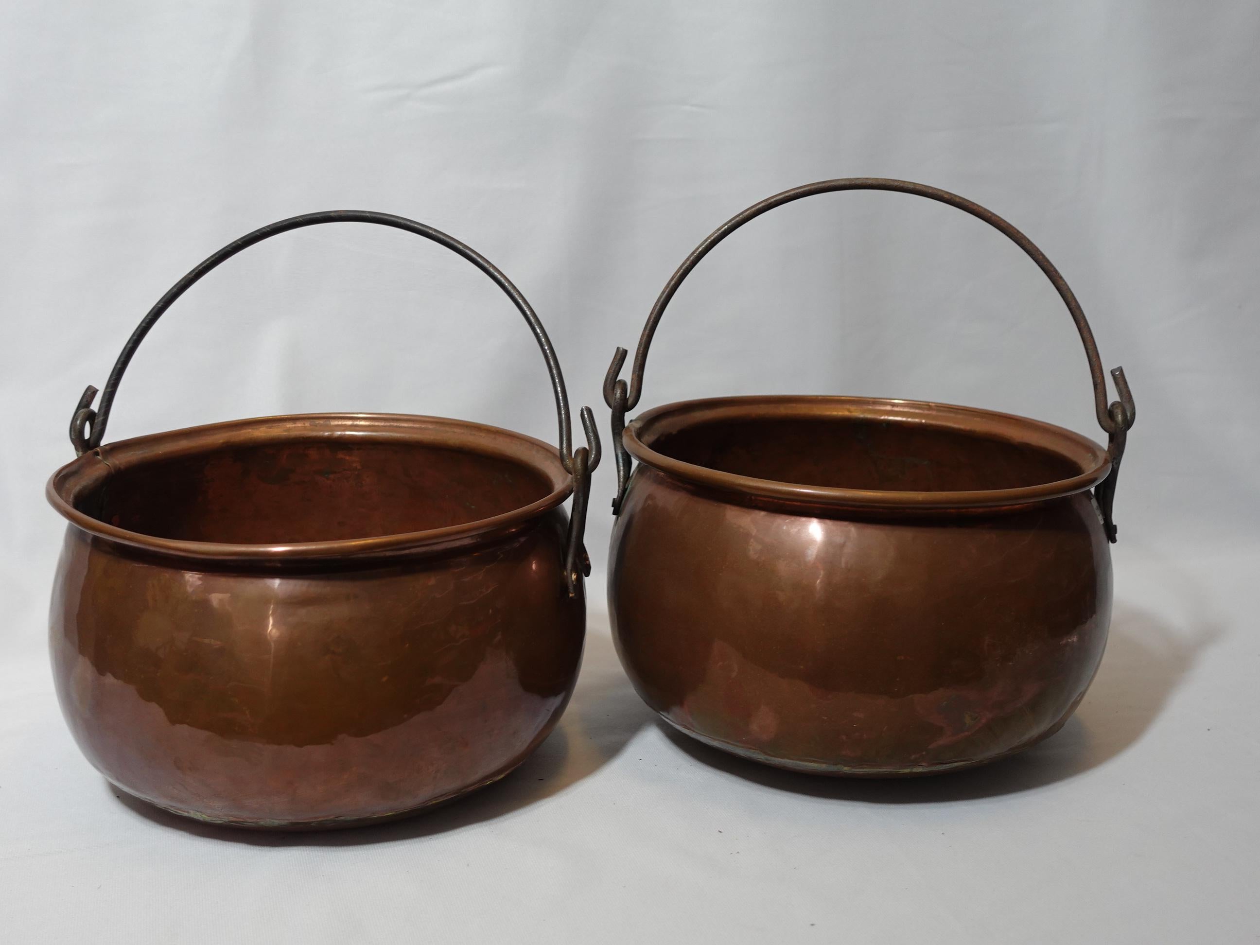 Brass Pair of Solid Large Hammered Copper Cauldrons/Pots, Co#008 For Sale