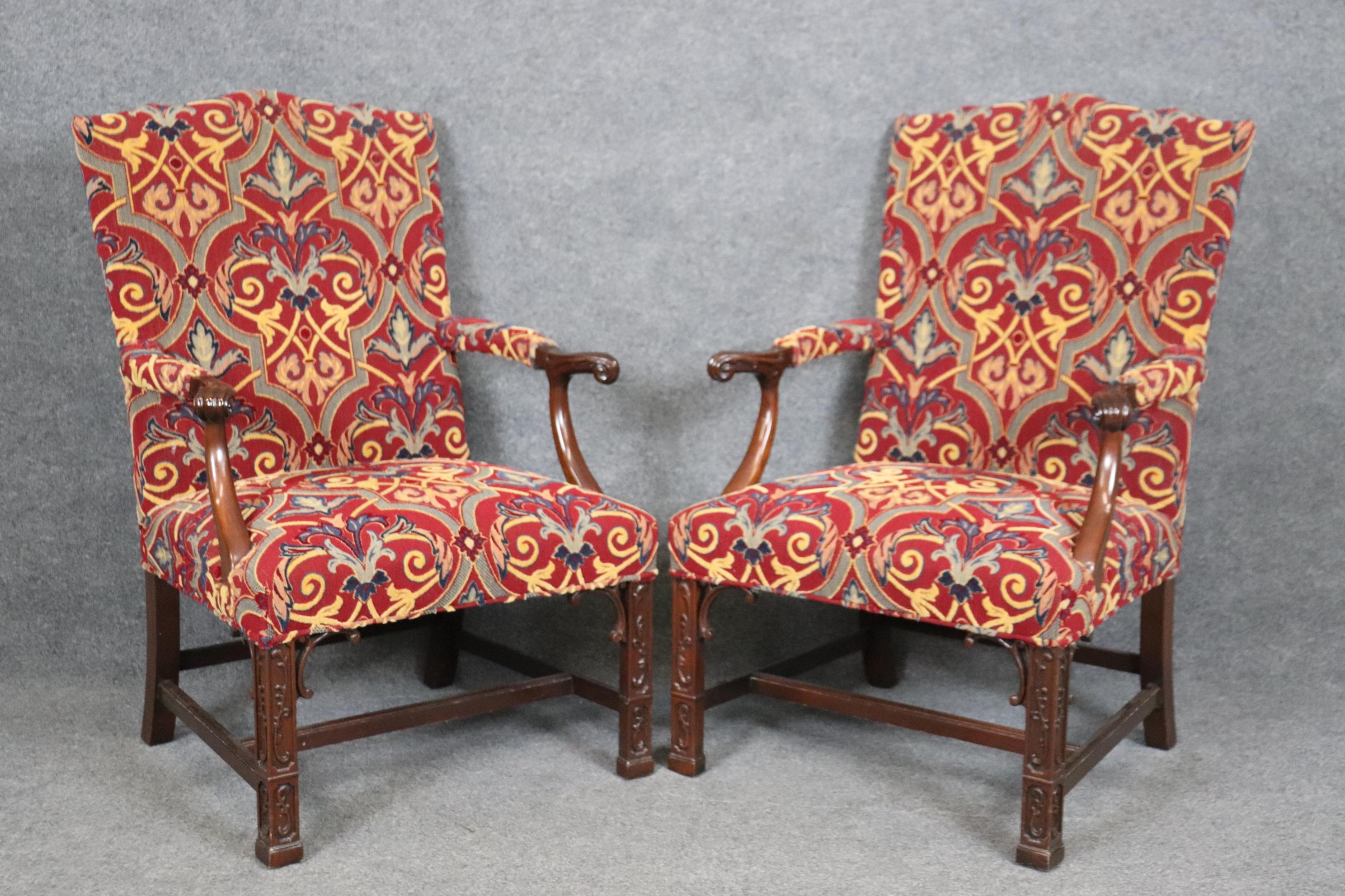 Georgian Pair of Solid Mahogany Blind Fretwork Chinese Chippendale Armchairs By Southwood For Sale