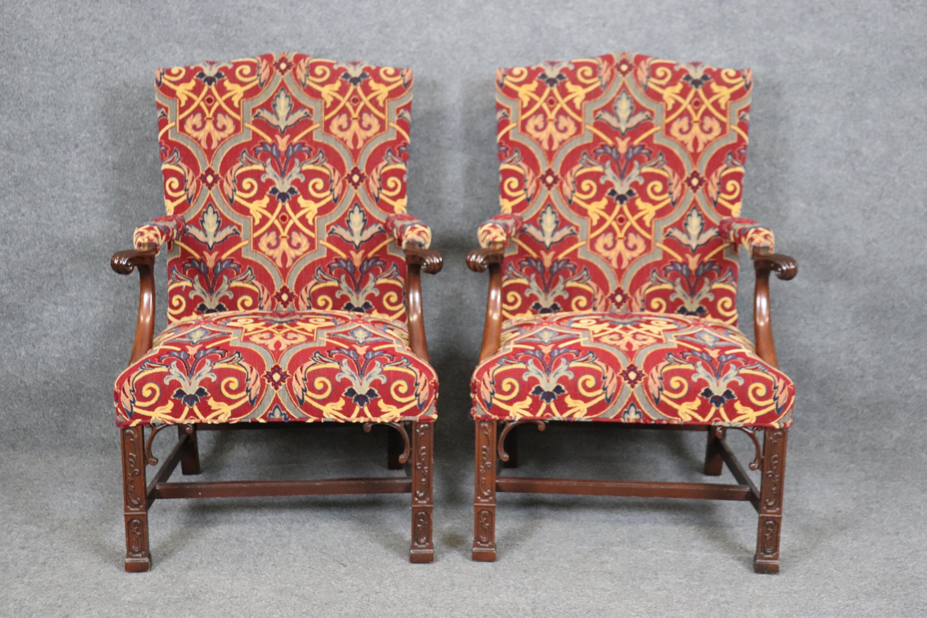 American Pair of Solid Mahogany Blind Fretwork Chinese Chippendale Armchairs By Southwood For Sale