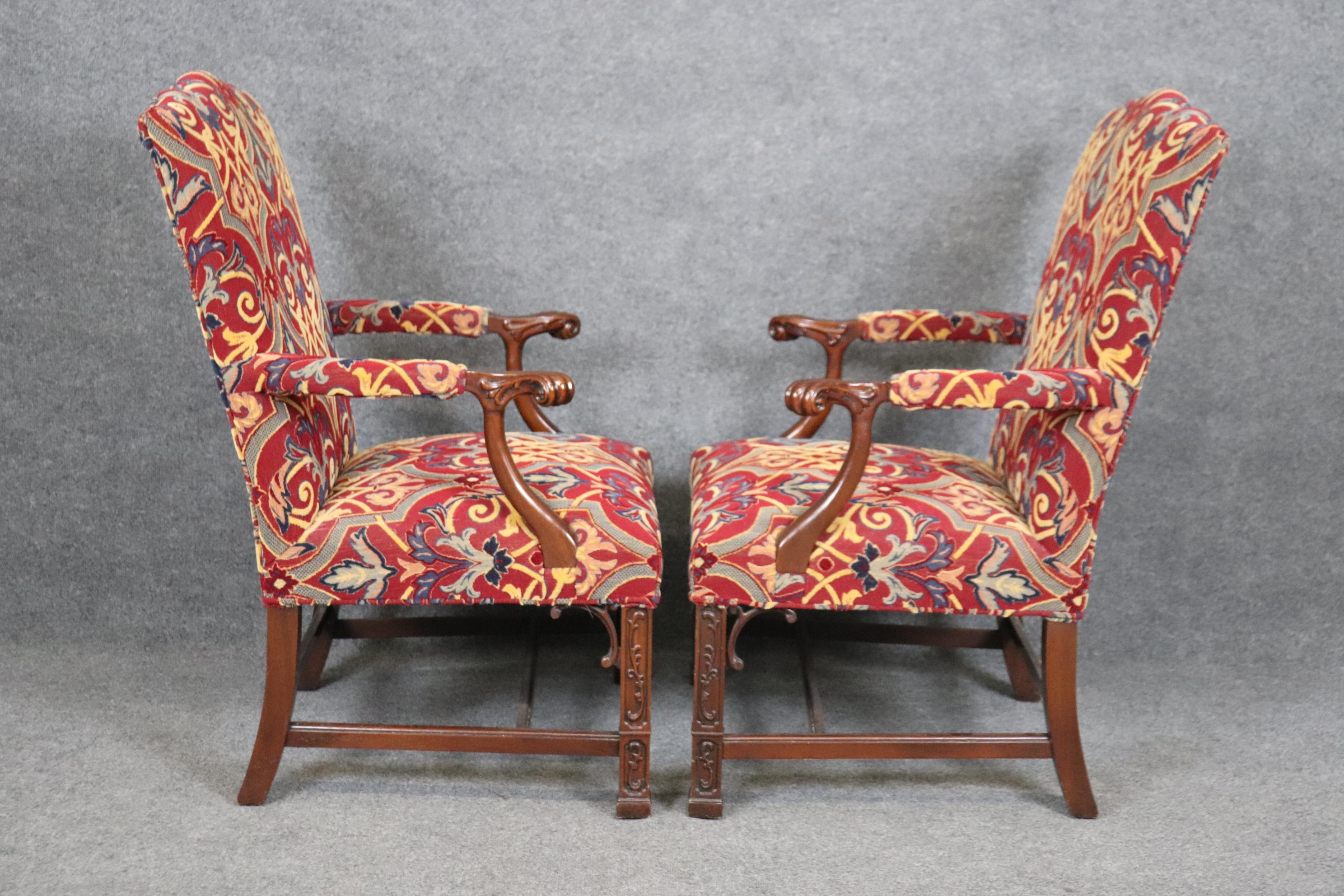 Tapestry Pair of Solid Mahogany Blind Fretwork Chinese Chippendale Armchairs By Southwood For Sale