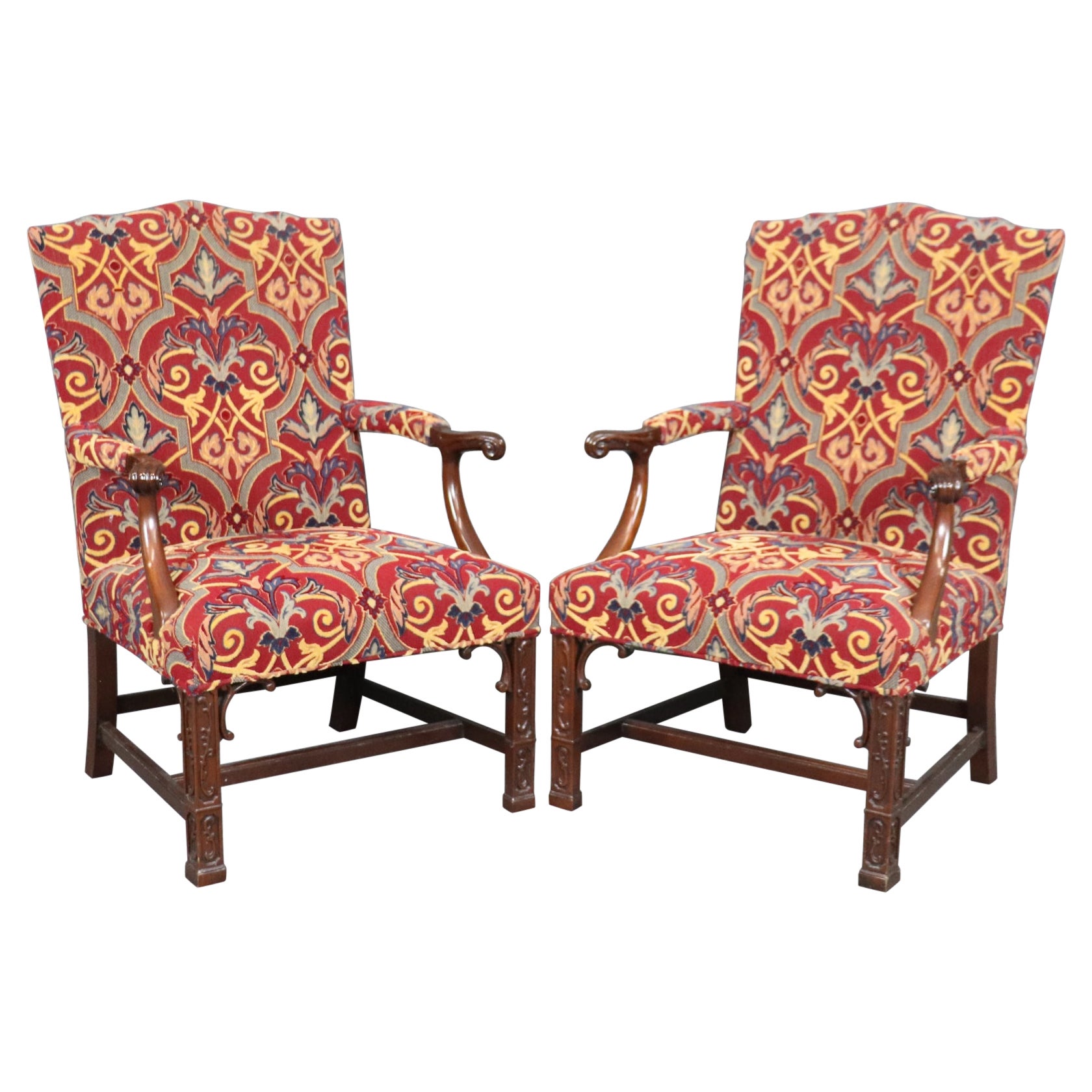 Pair of Solid Mahogany Blind Fretwork Chinese Chippendale Armchairs By Southwood For Sale