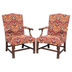 Pair of Solid Mahogany Blind Fretwork Chinese Chippendale Armchairs By Southwood