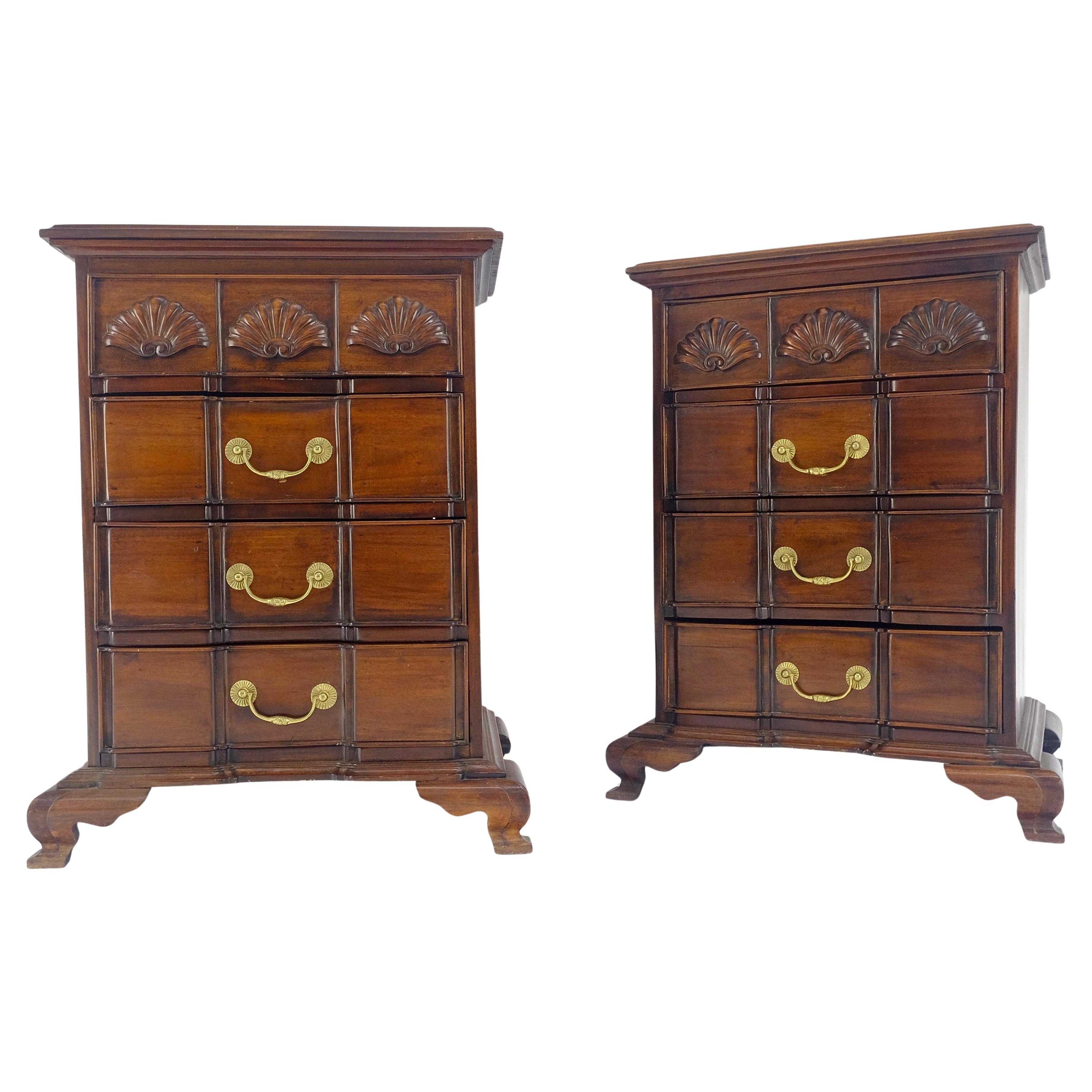 Pair of Solid Mahogany Brass Pull 4 Drawer Bracket Feet Night Stands Tables MINT For Sale
