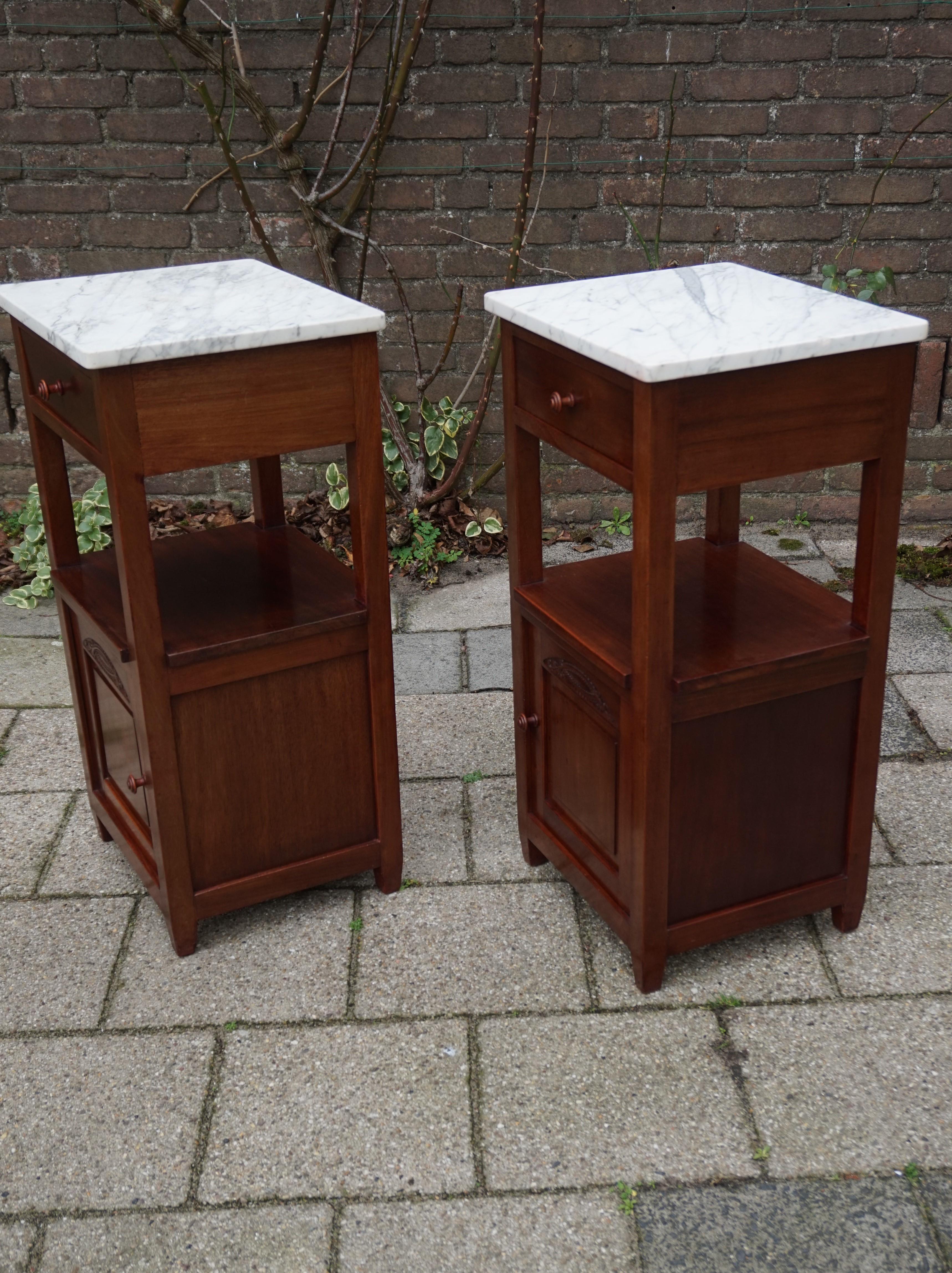 Pair of Solid Mahogany Dutch Arts & Crafts Bedside Cabinets with Marble Top 1910 6