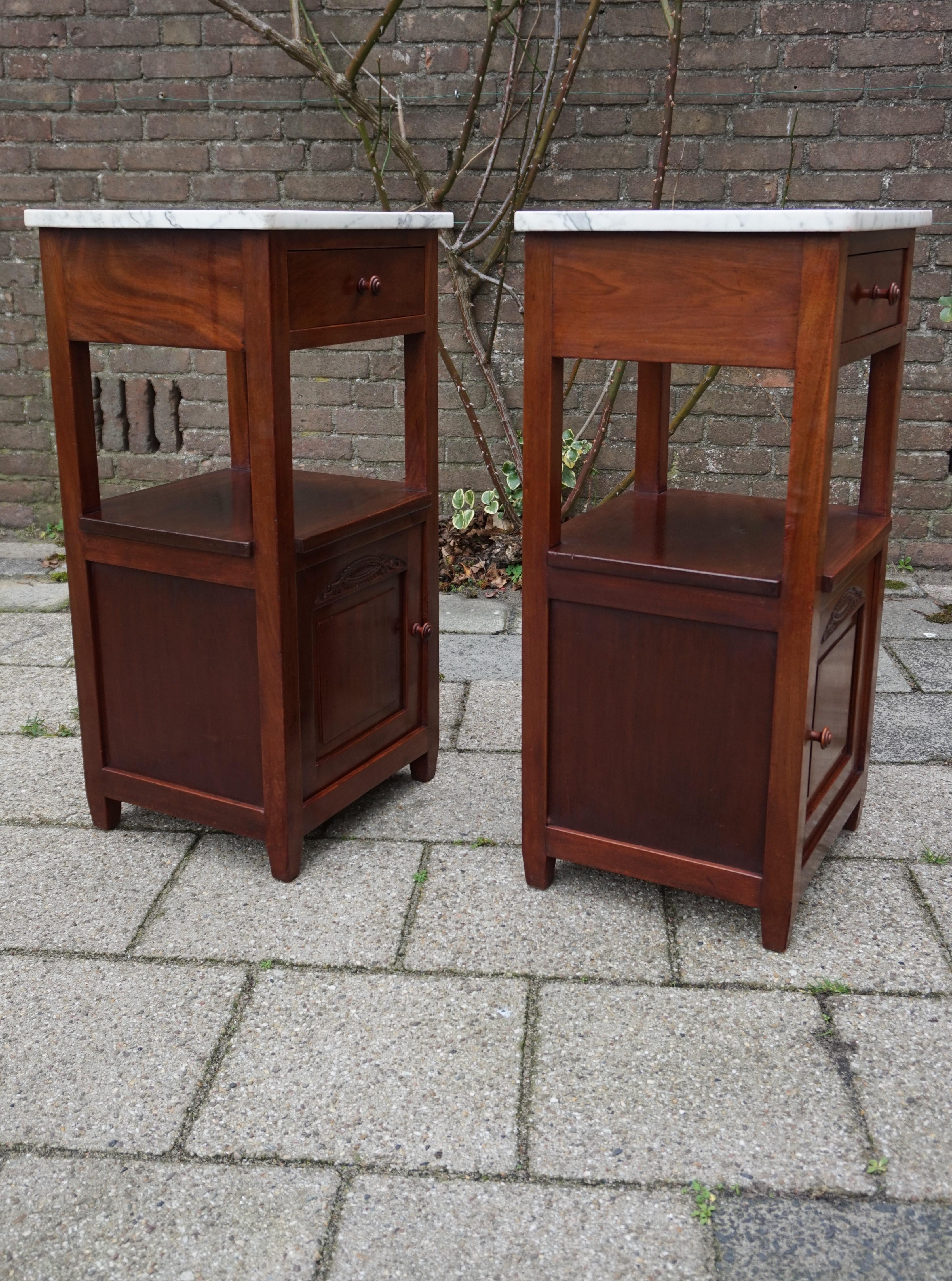 Pair of Solid Mahogany Dutch Arts & Crafts Bedside Cabinets with Marble Top 1910 7