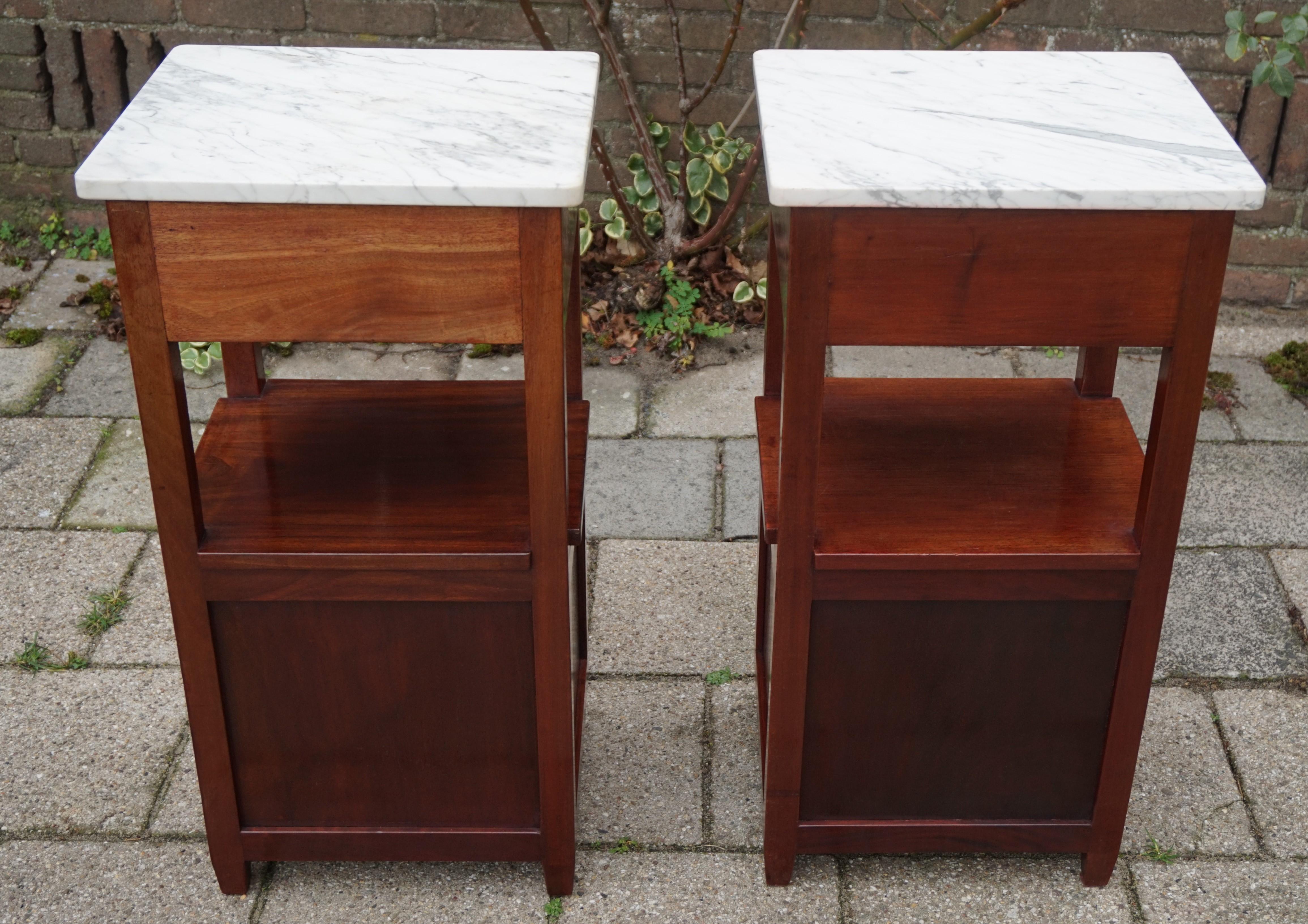 Pair of Solid Mahogany Dutch Arts & Crafts Bedside Cabinets with Marble Top 1910 8