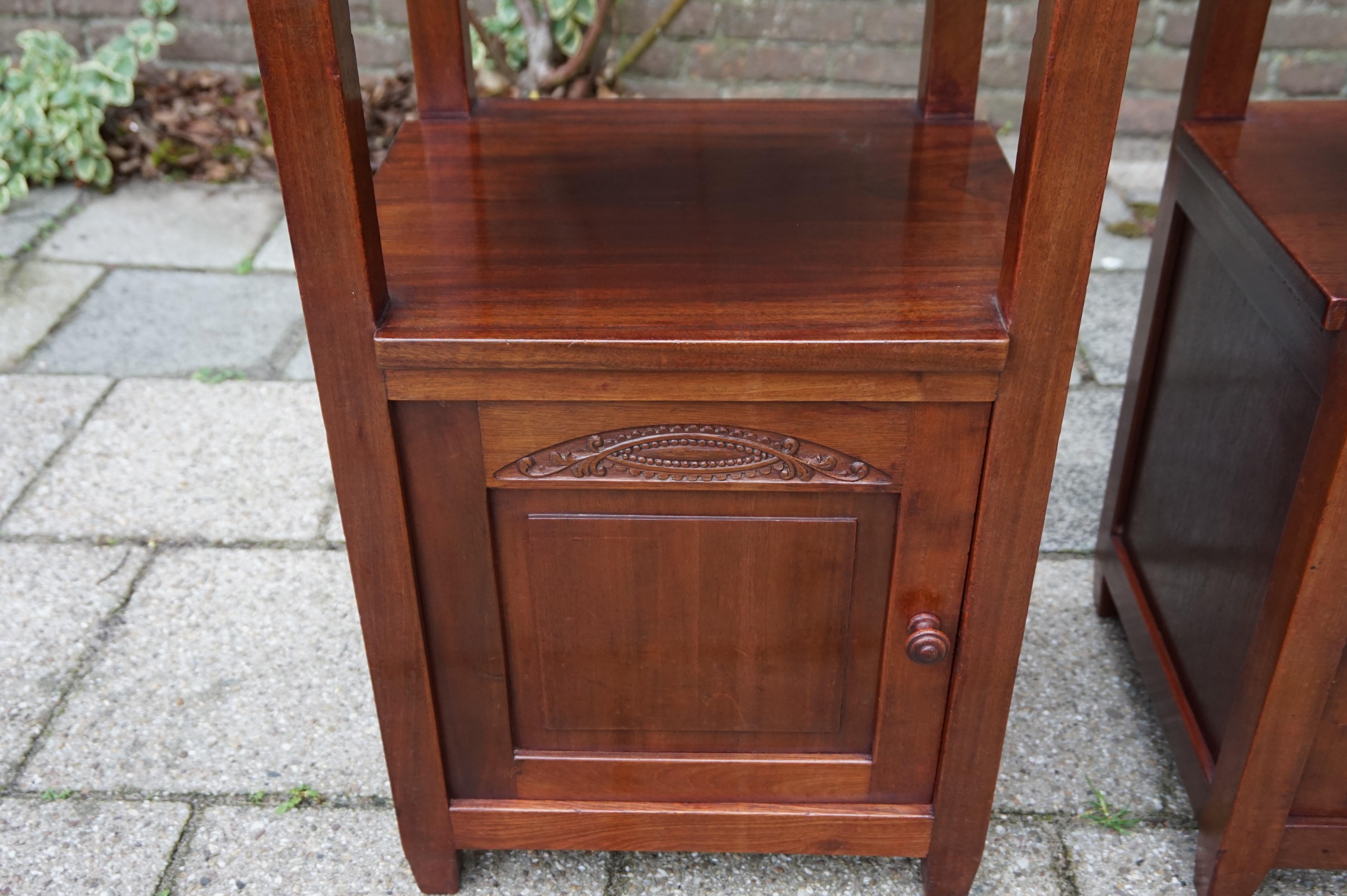 20th Century Pair of Solid Mahogany Dutch Arts & Crafts Bedside Cabinets with Marble Top 1910