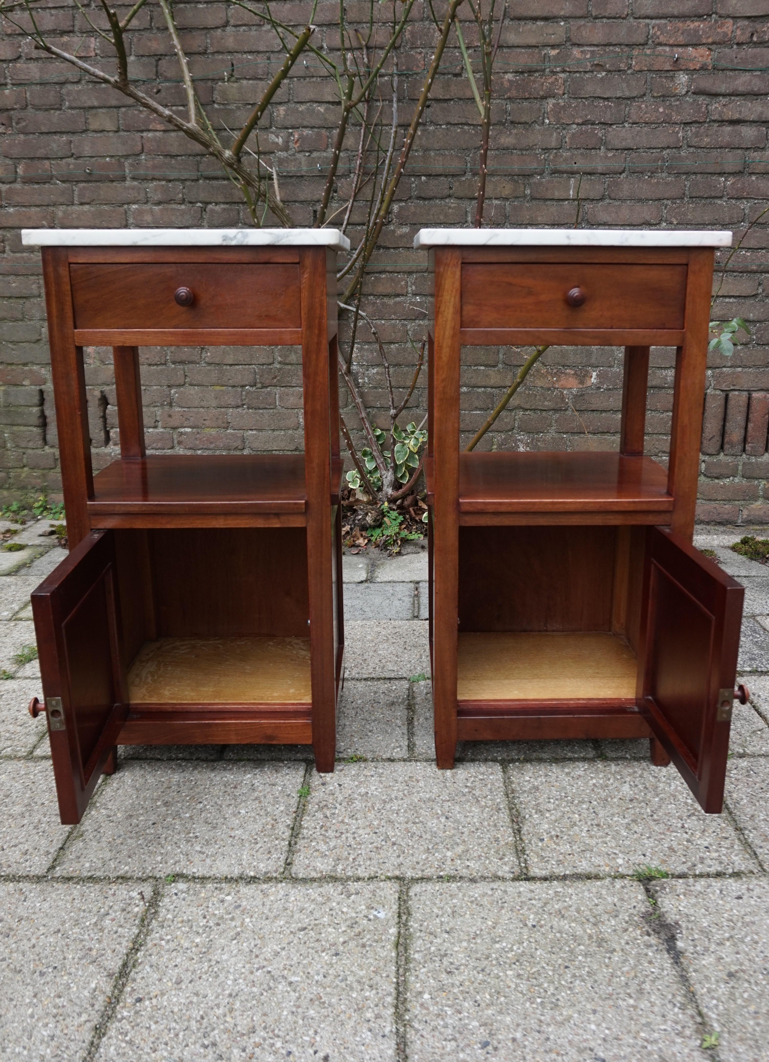 Pair of Solid Mahogany Dutch Arts & Crafts Bedside Cabinets with Marble Top 1910 2
