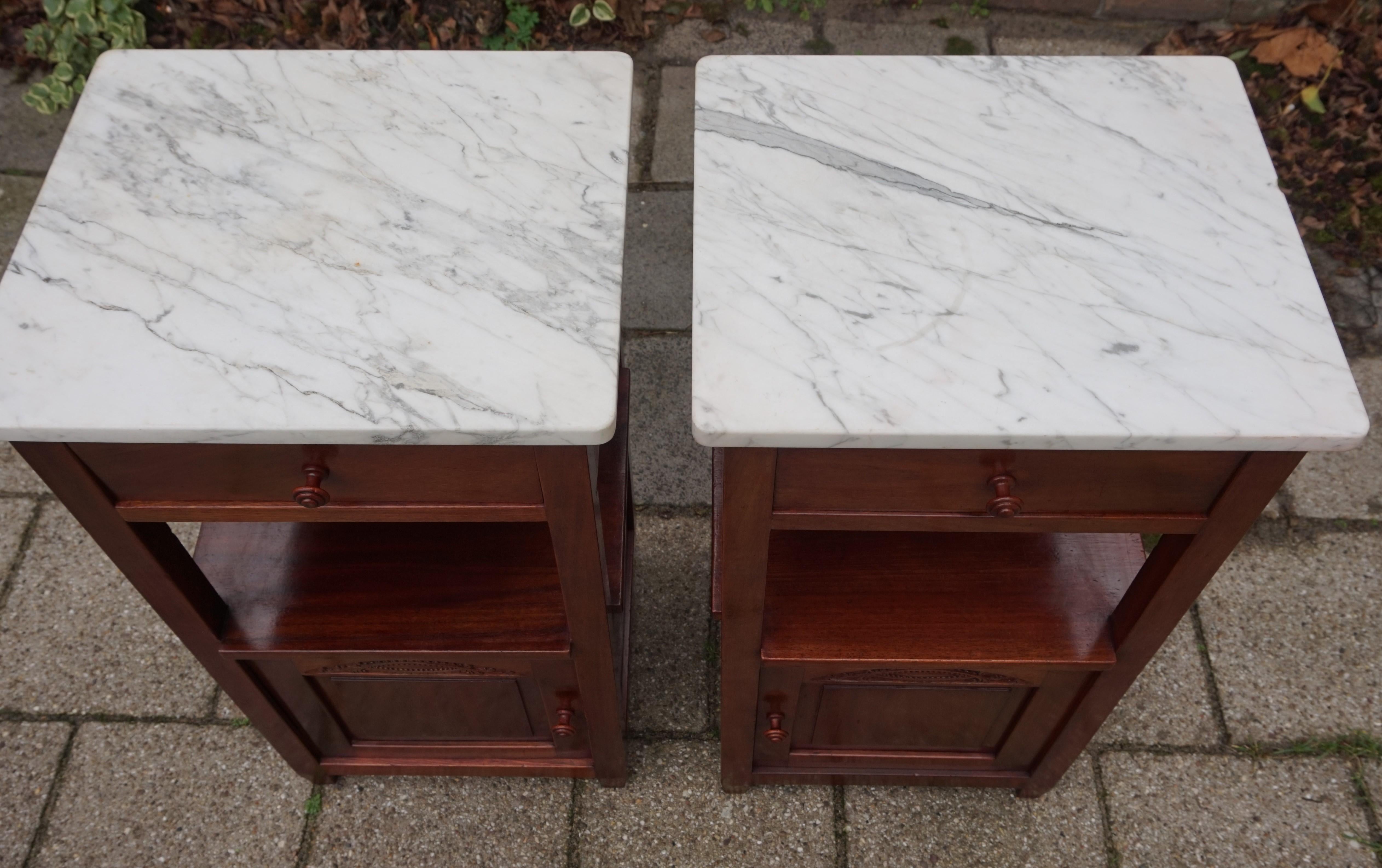 Pair of Solid Mahogany Dutch Arts & Crafts Bedside Cabinets with Marble Top 1910 3