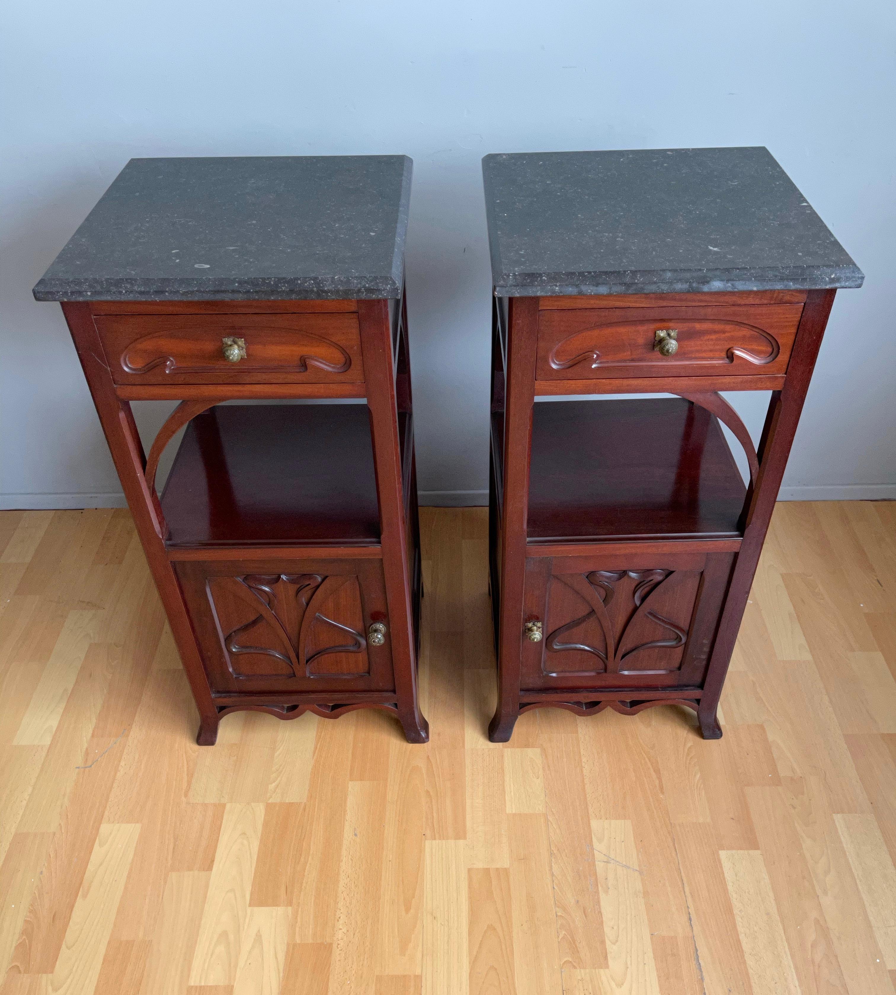 Brass Pair of Solid Wooden Art Nouveau Bedside Cabinets / Nightstands with Marble Top