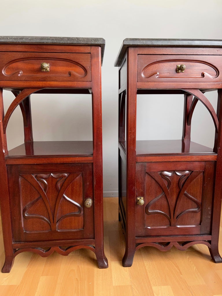 Pair of Solid Wooden Art Nouveau Bedside Cabinets / Tables with Marble Top For Sale 4