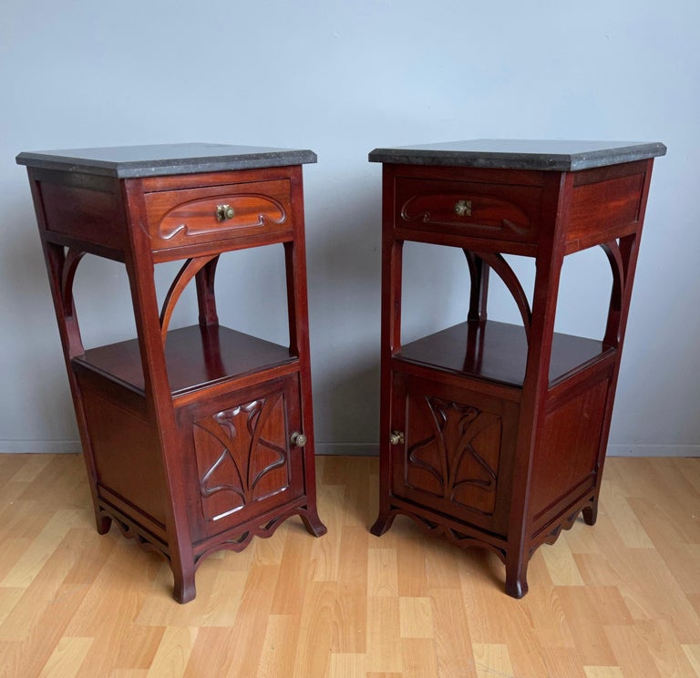 Pair of Solid Wooden Art Nouveau Bedside Cabinets / Tables with Marble Top For Sale 8