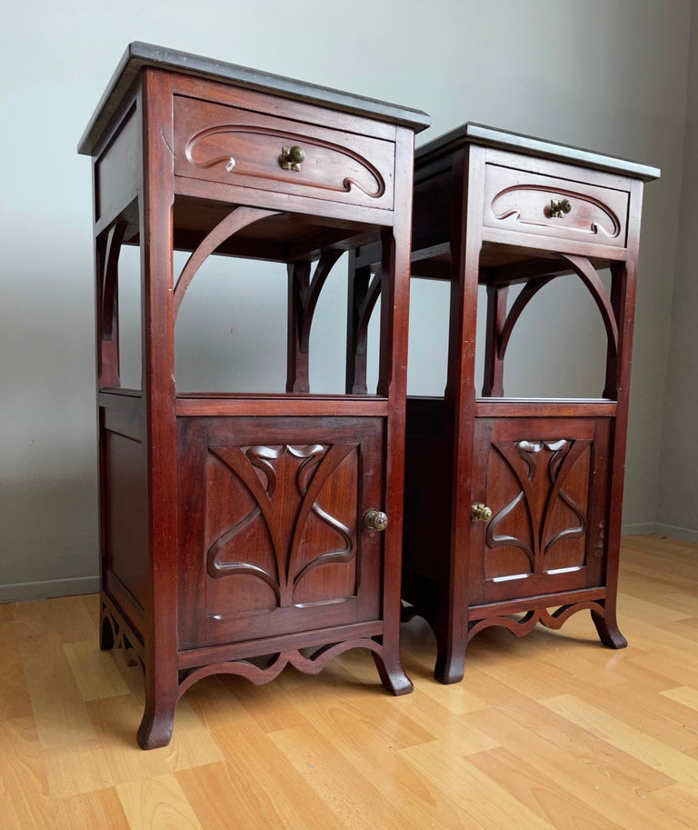 Pair of Solid Wooden Art Nouveau Bedside Cabinets / Tables with Marble Top For Sale 10
