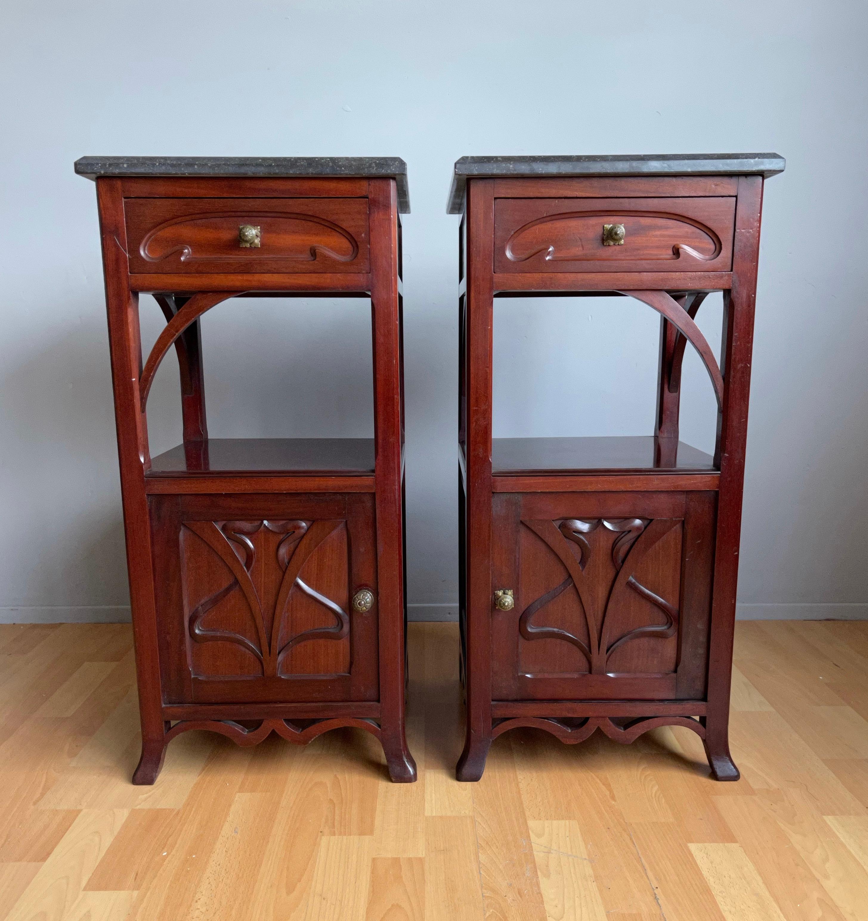 Pair of Solid Wooden Art Nouveau Bedside Cabinets / Nightstands with Marble Top 8
