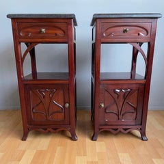 Pair of Solid Wooden Art Nouveau Bedside Cabinets / Nightstands with Marble Top