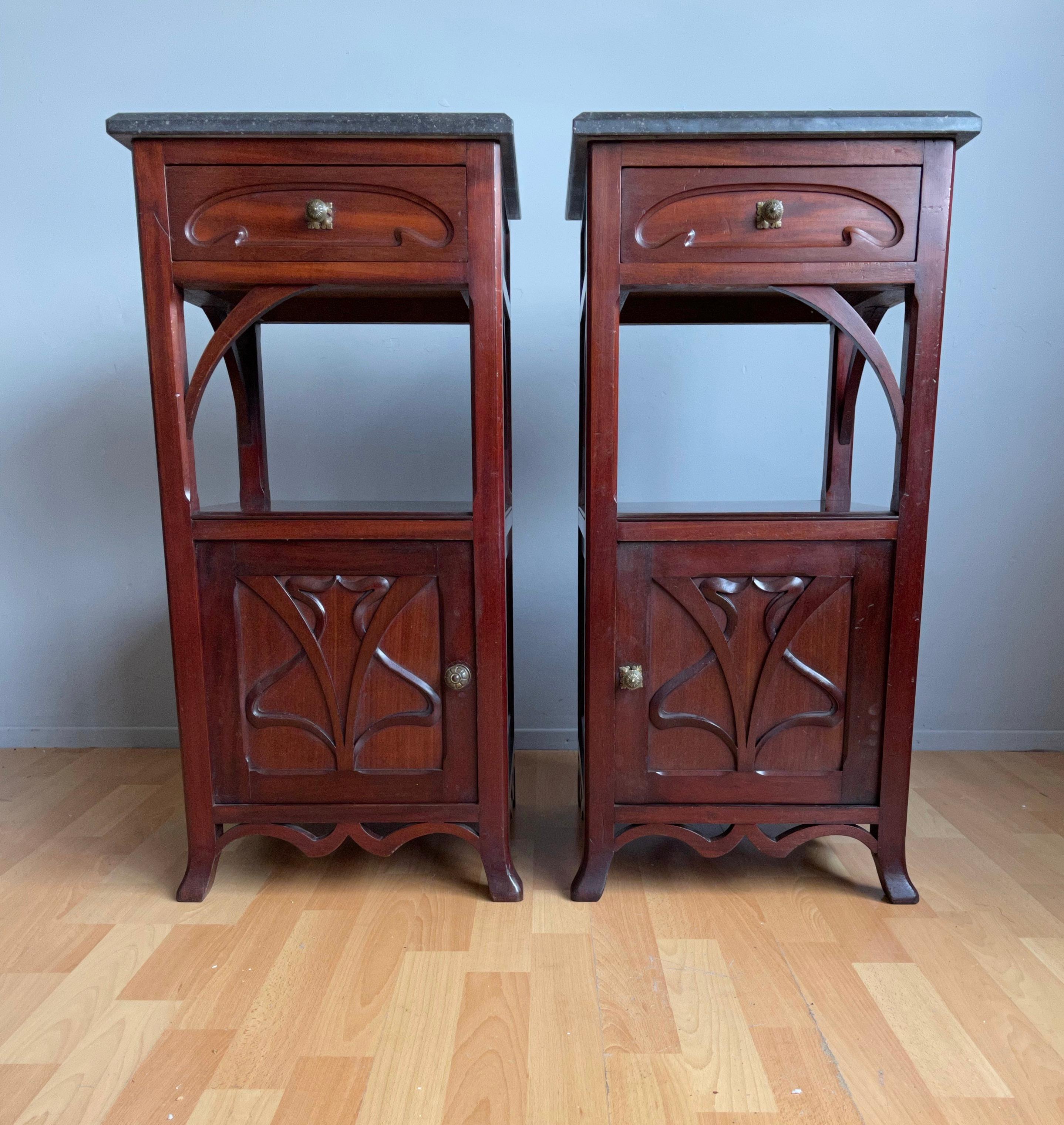 Pair of Solid Wooden Art Nouveau Bedside Cabinets / Nightstands with Marble Top 10