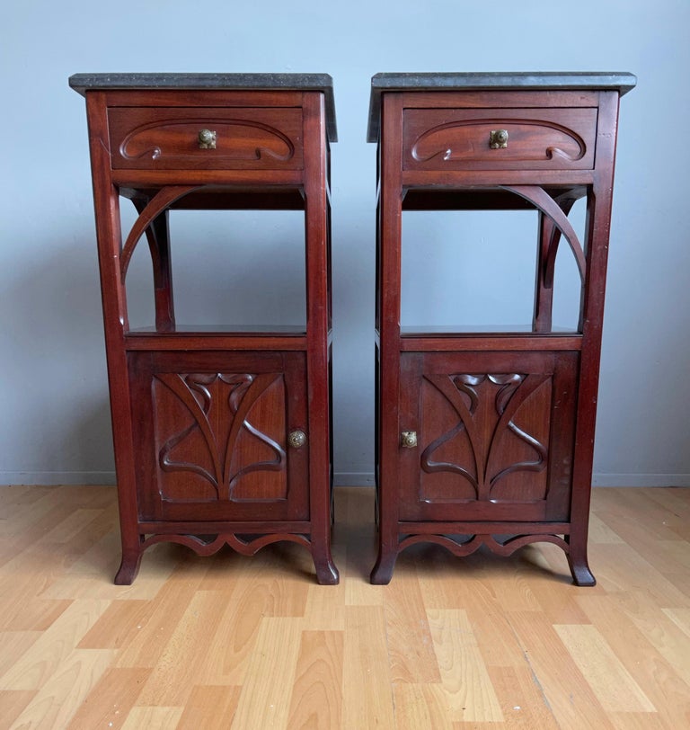 Pair of Solid Wooden Art Nouveau Bedside Cabinets / Tables with Marble Top For Sale 13