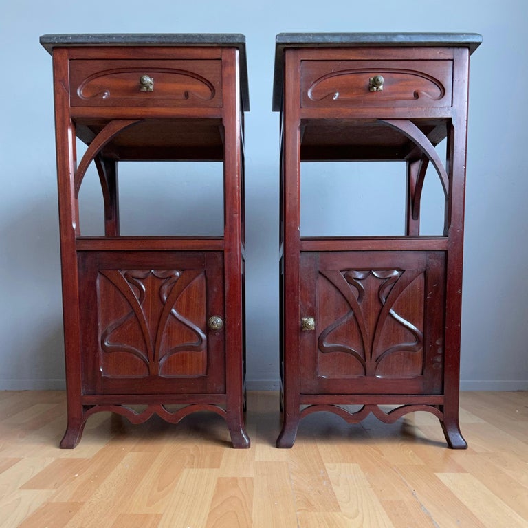 European Pair of Solid Wooden Art Nouveau Bedside Cabinets / Tables with Marble Top For Sale