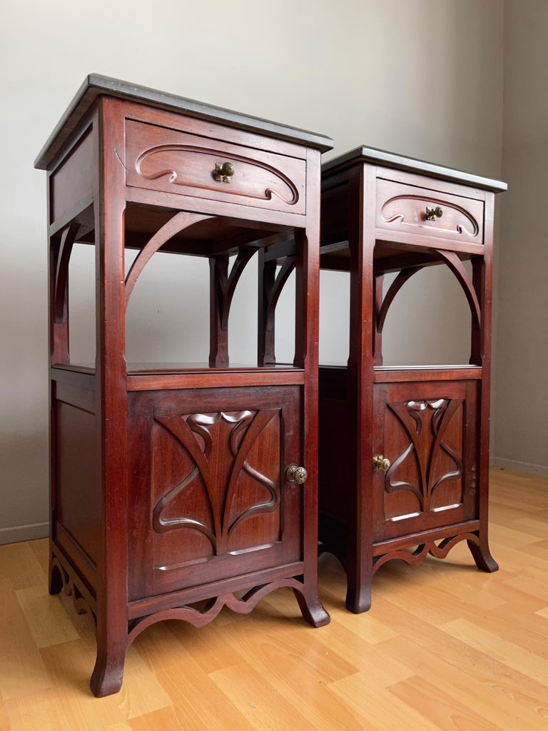 Pair of Solid Wooden Art Nouveau Bedside Cabinets / Tables with Marble Top In Good Condition For Sale In Lisse, NL