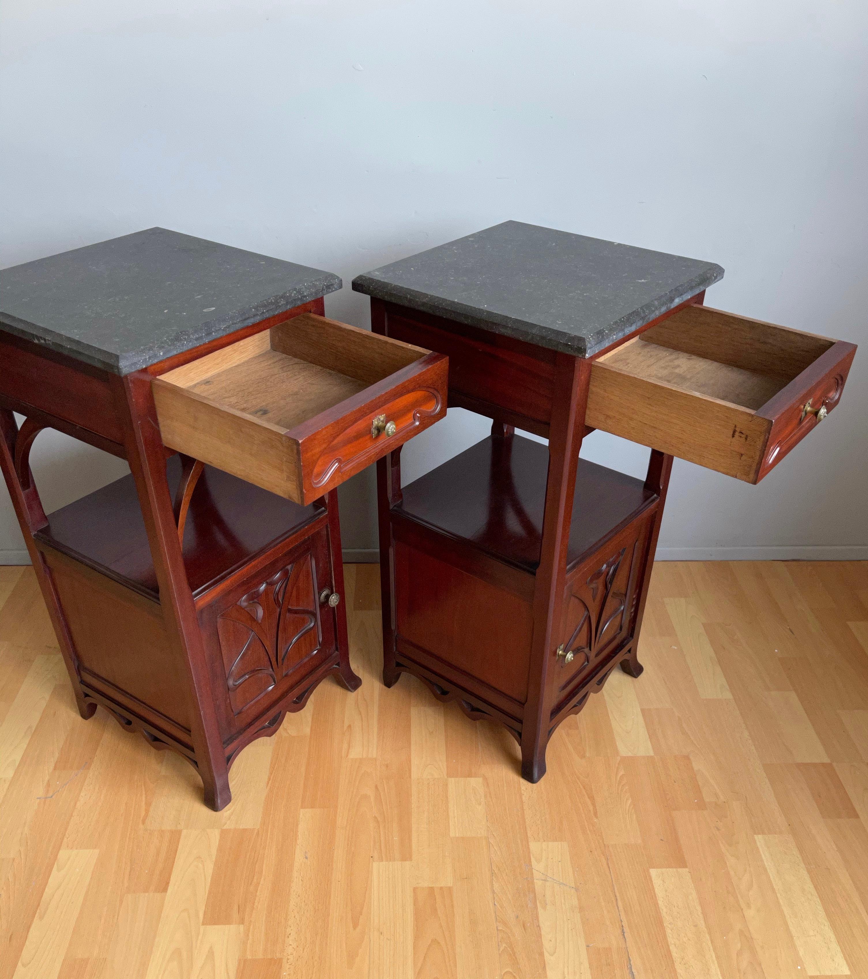 Hand-Carved Pair of Solid Wooden Art Nouveau Bedside Cabinets / Nightstands with Marble Top