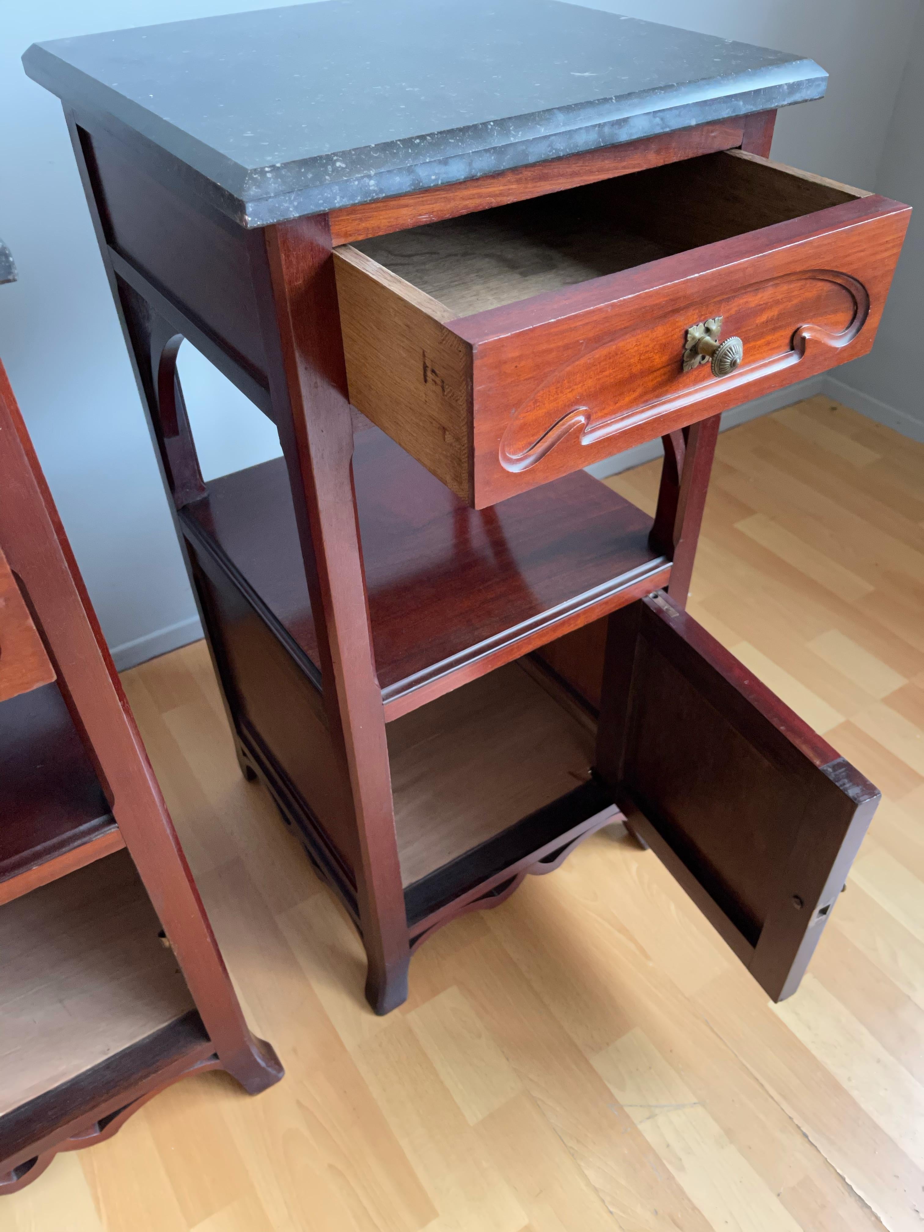 Pair of Solid Wooden Art Nouveau Bedside Cabinets / Nightstands with Marble Top In Good Condition In Lisse, NL