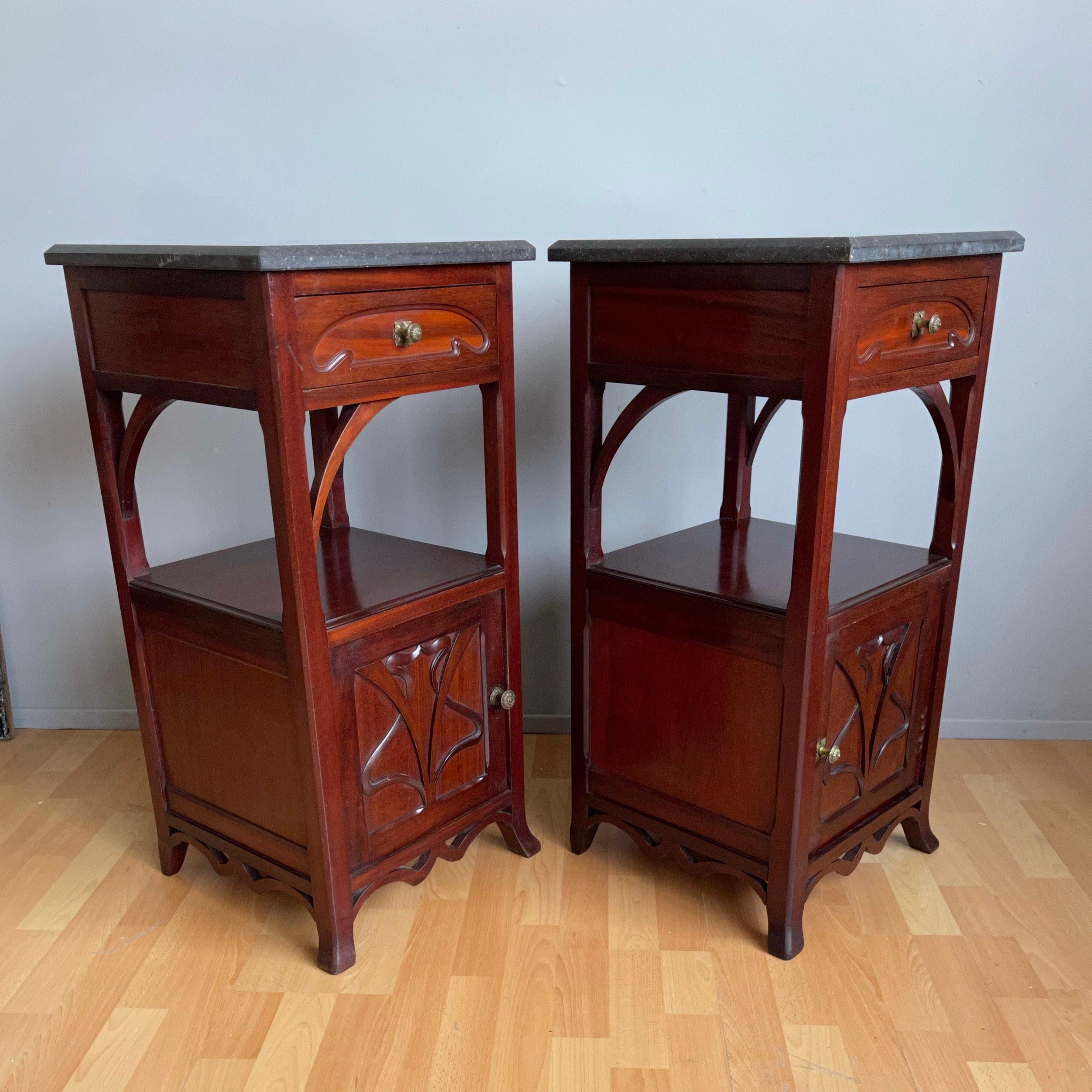 20th Century Pair of Solid Wooden Art Nouveau Bedside Cabinets / Nightstands with Marble Top