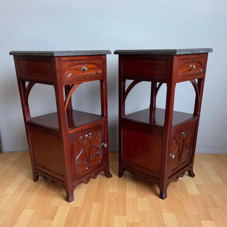 Pair of Solid Wooden Art Nouveau Bedside Cabinets / Tables with Marble Top For Sale 2