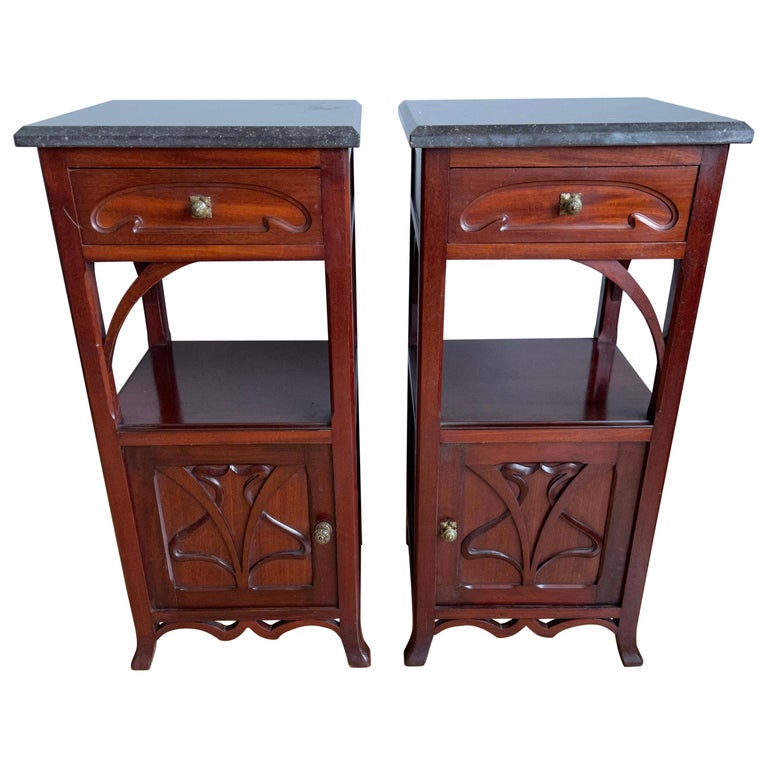 Pair of Solid Wooden Art Nouveau Bedside Cabinets / Tables with Marble Top For Sale