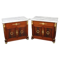 Pair of Solid Mahogany French Empire Marble Top Nightstands with Caryatids 
