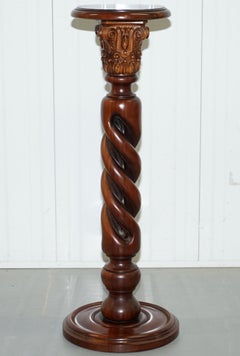 Pair of Solid Mahogany Twisted Column Corinthian Pillar Jardinière Plant Stands