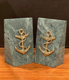 Pair of Solid Marble Bookends with Brass Anchor