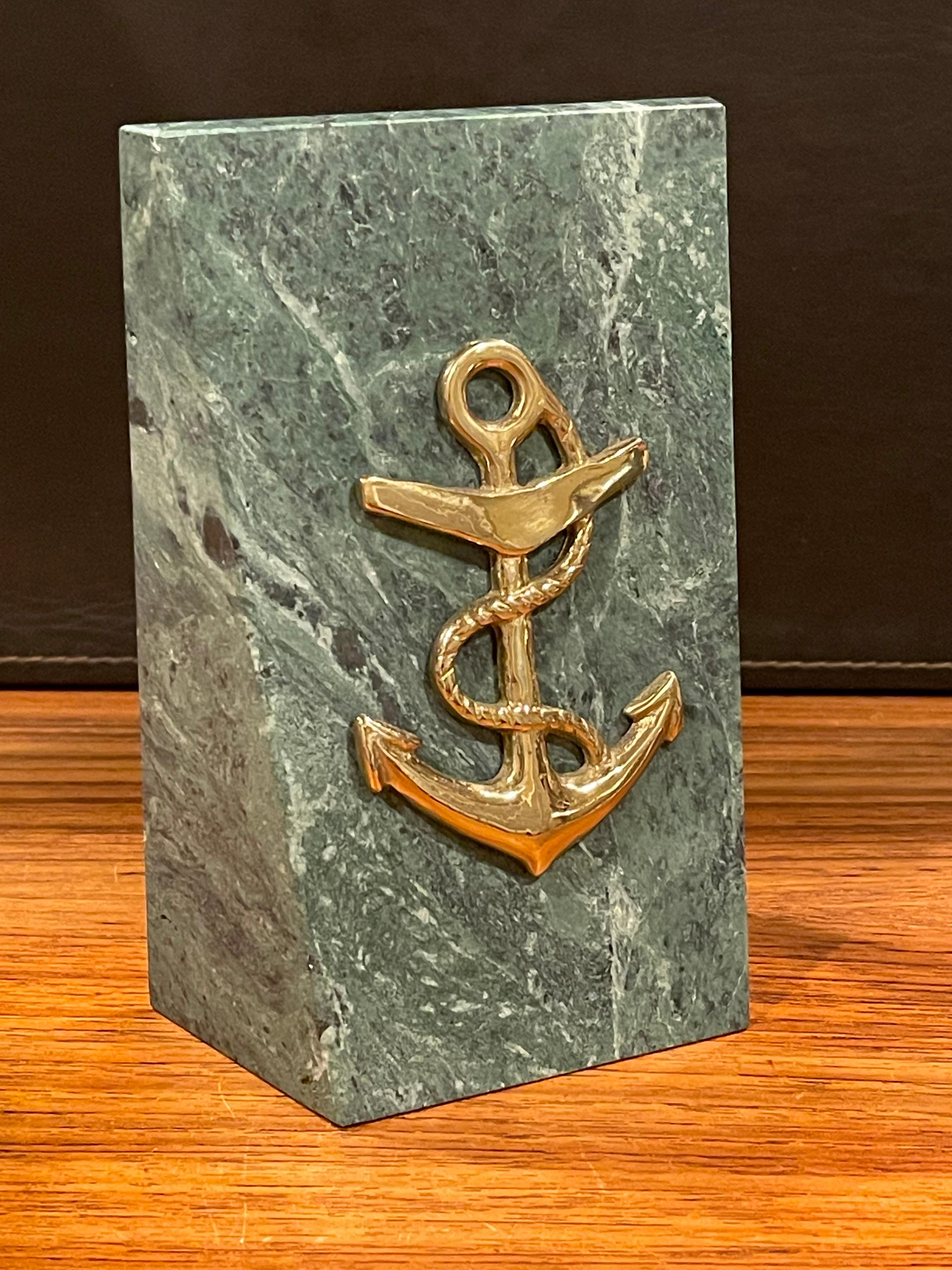 Mid-Century Modern Pair of Solid Marble Bookends with Brass Anchor For Sale