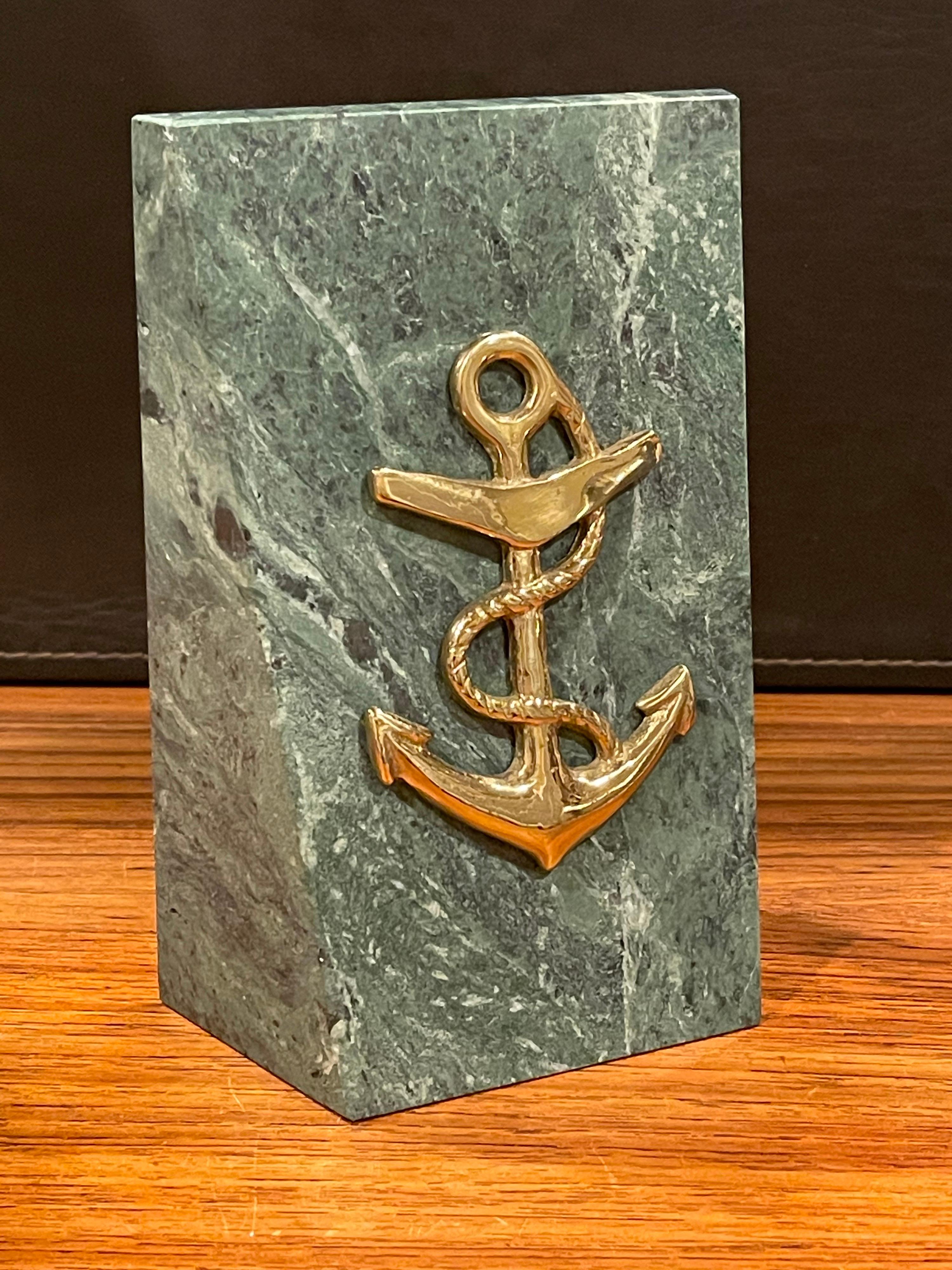 American Pair of Solid Marble Bookends with Brass Anchor For Sale