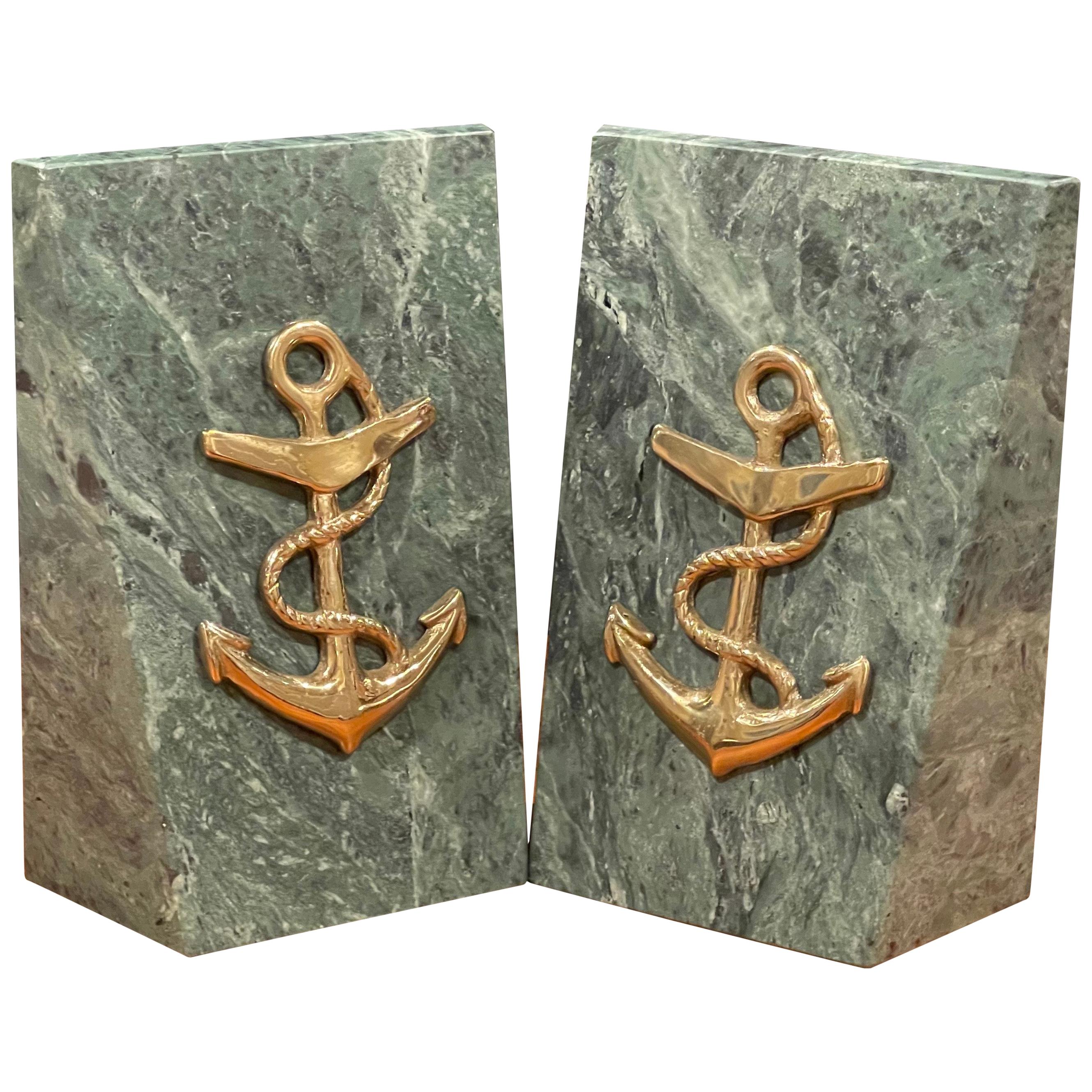 Pair of Solid Marble Bookends with Brass Anchor For Sale