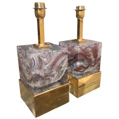 Pair of Solid Murano Glass Agate Color Cube Lamps with Brass Base, Italy, 2019