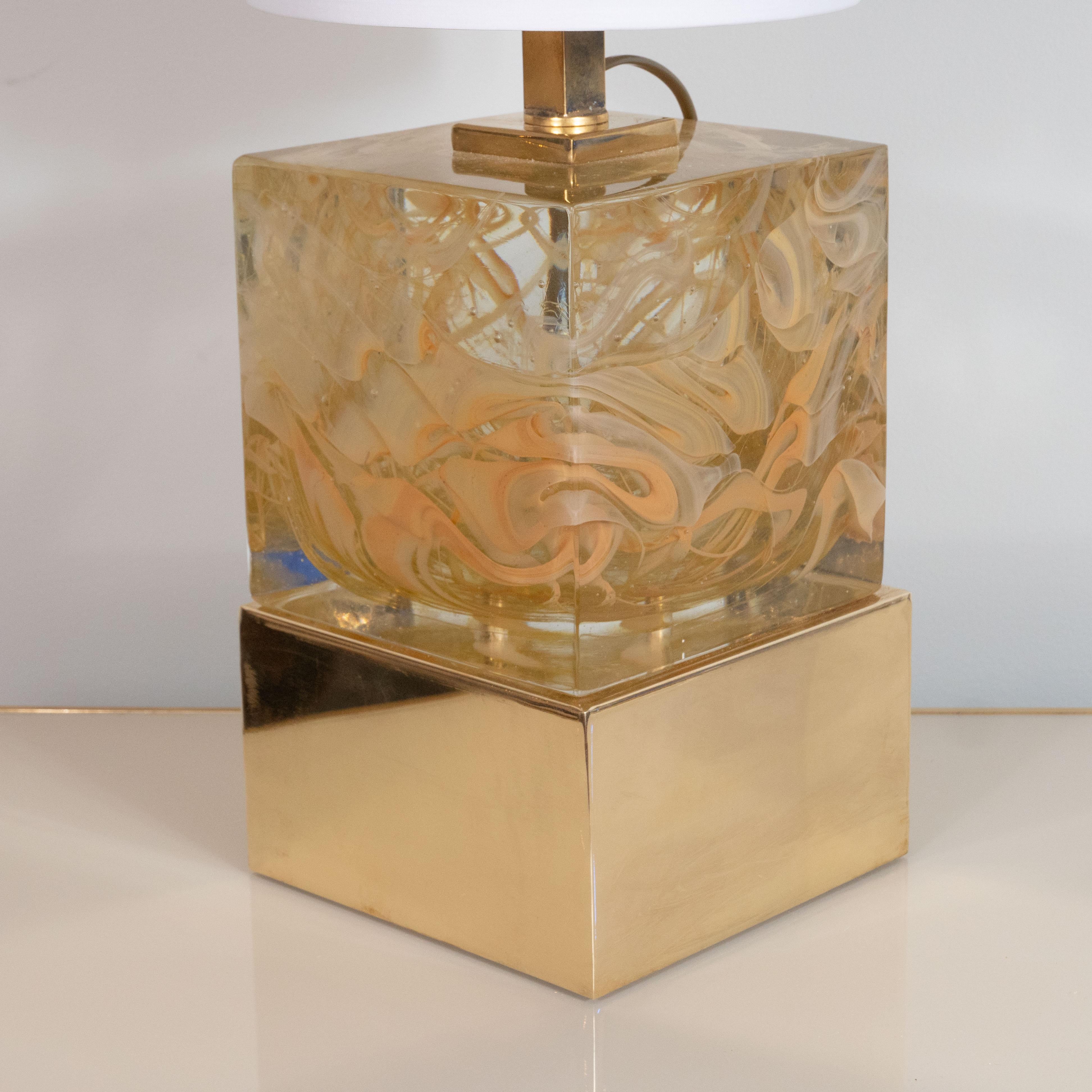 Pair of Solid Murano Glass Gold Swirl Square Cube Lamps with Brass Base, Italy For Sale 2