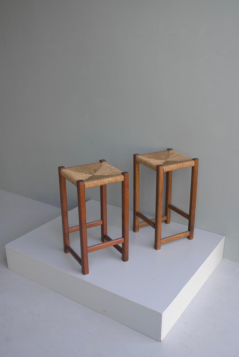 Pair of Solid Oak and Rope Stools, France 1950's For Sale at 1stDibs